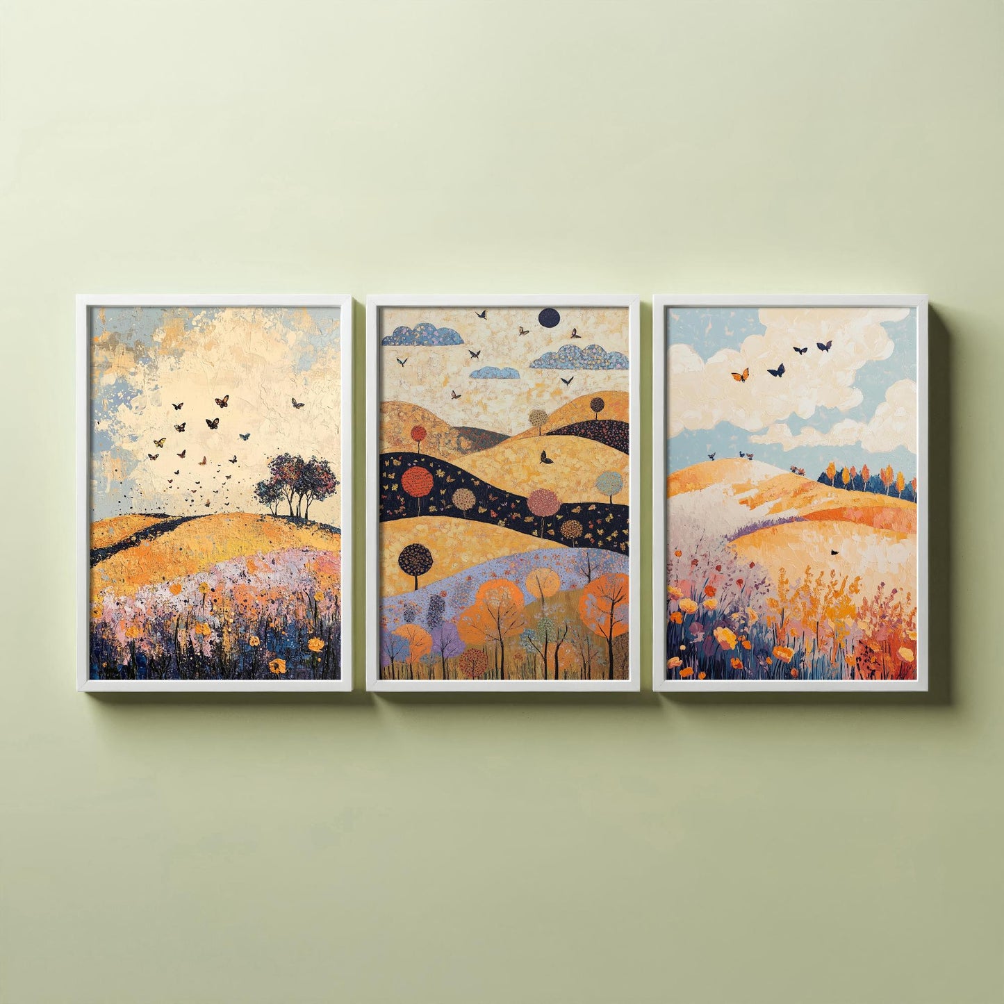 Rolling Hills Butterfly Set of Three Art Prints - Ginger Navy and Lilac - Folk Meadow Poster Illustration Gift