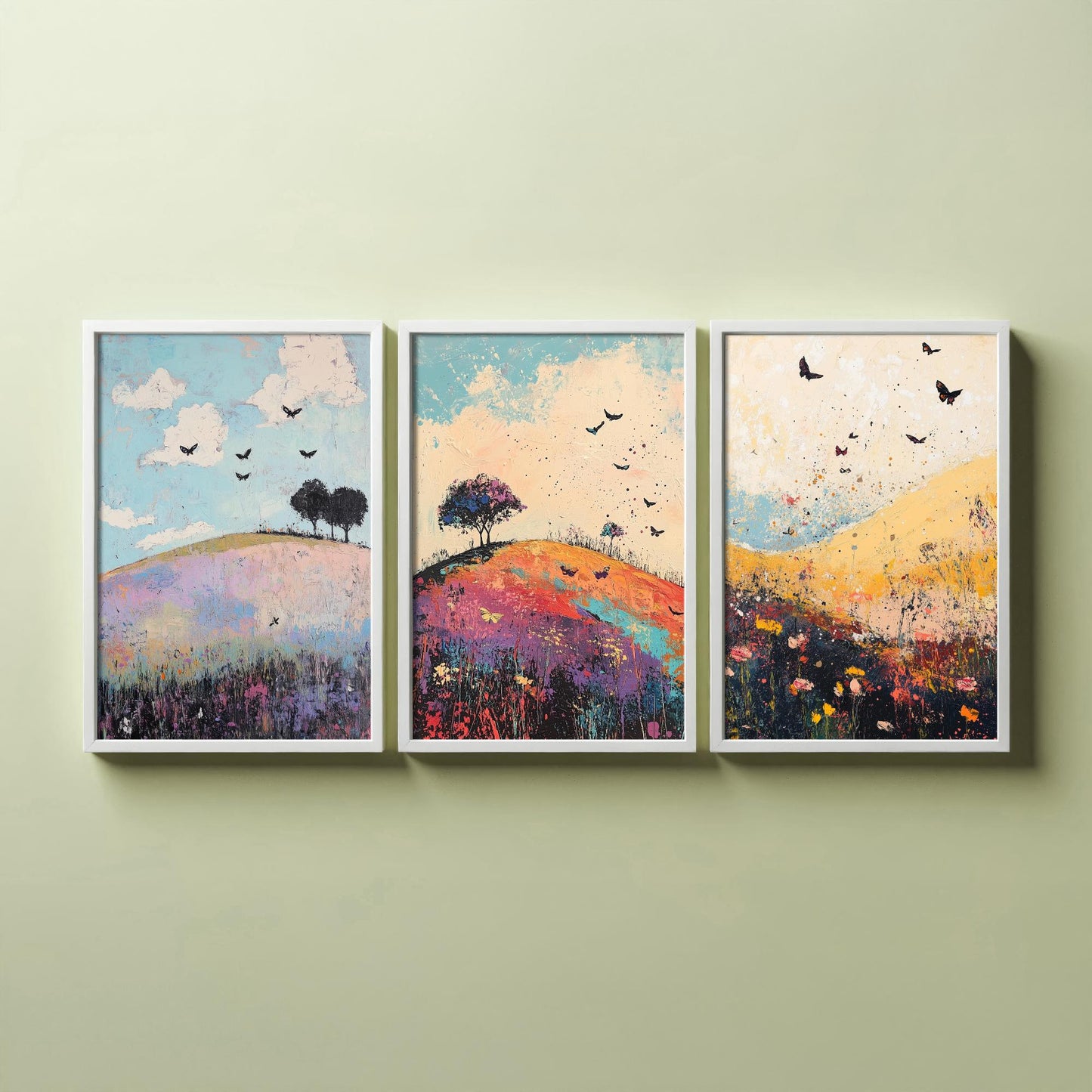 Rolling Hills Butterfly Set of Three Art Prints - Heliotrope Coal and Mint - Folk Meadow Poster Illustration Gift
