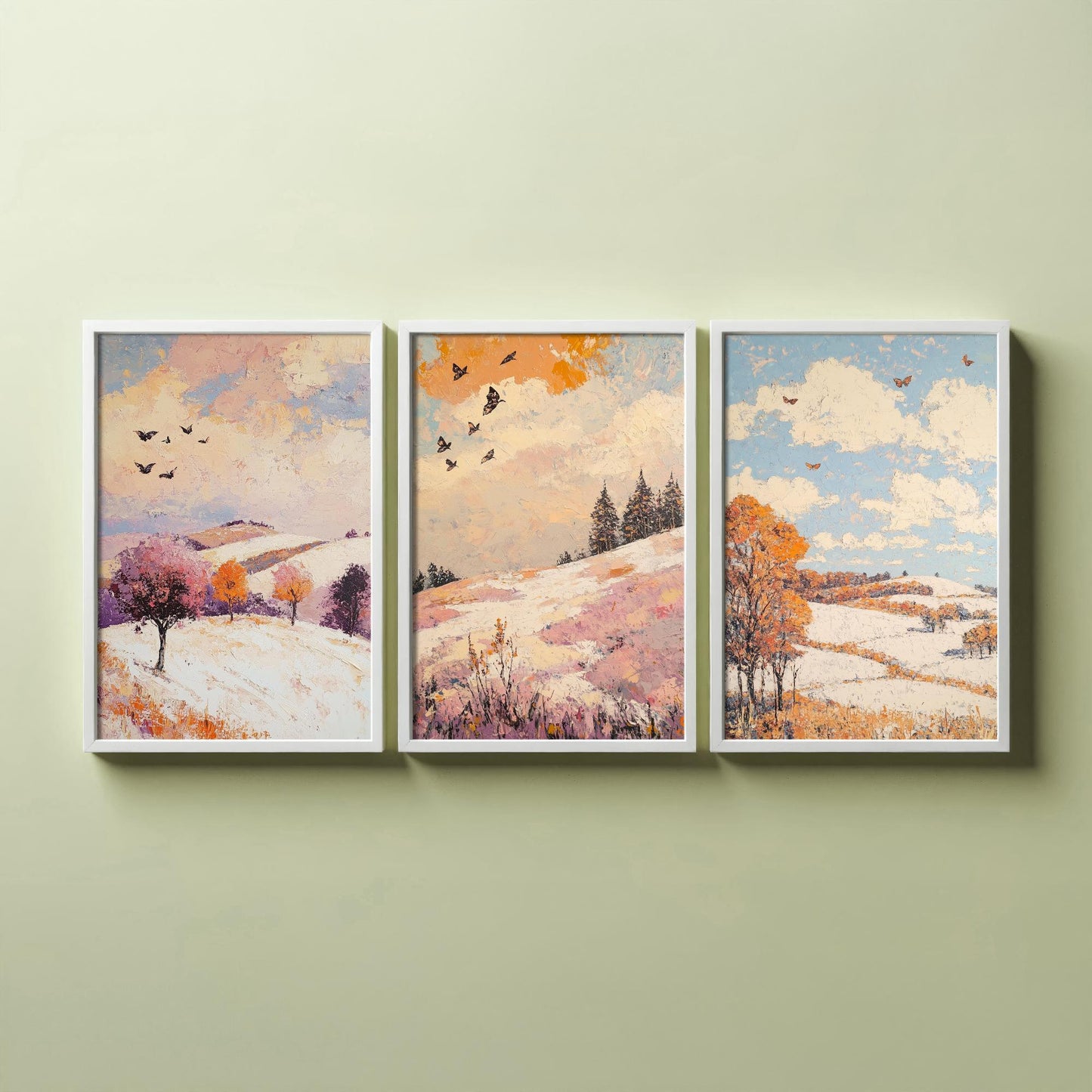 Rolling Hills Butterfly Set of Three Art Prints - Mauve Bronze and Snow - Folk Meadow Poster Illustration Gift