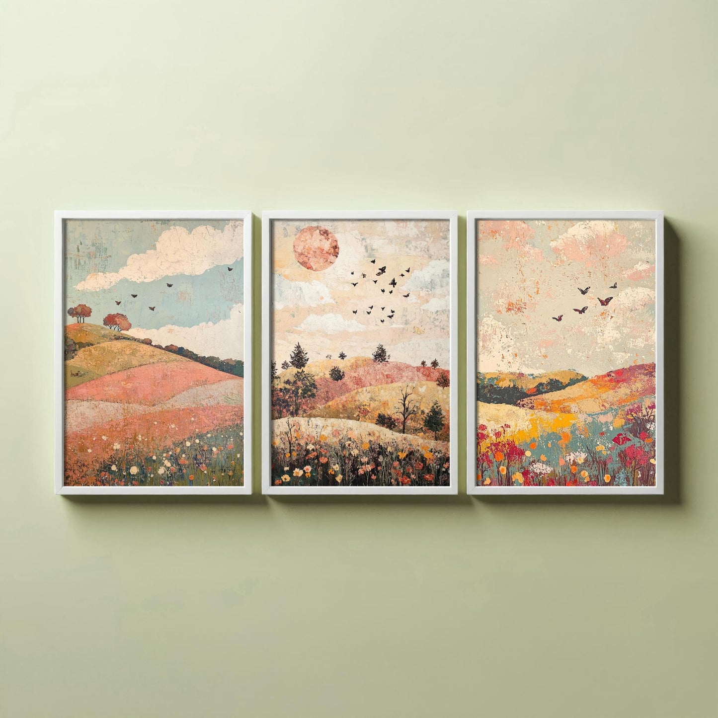 Rolling Hills Butterfly Set of Three Art Prints - Moss Plum and Blush - Folk Meadow Poster Illustration Gift