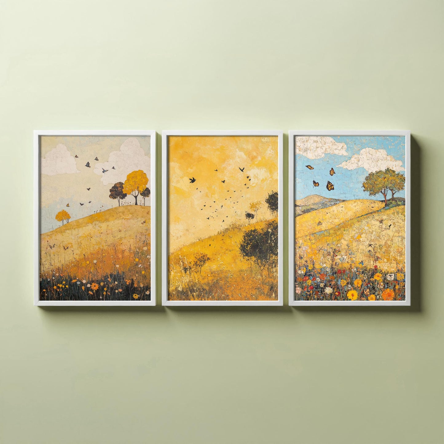 Rolling Hills Butterfly Set of Three Art Prints - Obsidian Lemon and Dust - Folk Meadow Poster Illustration Gift