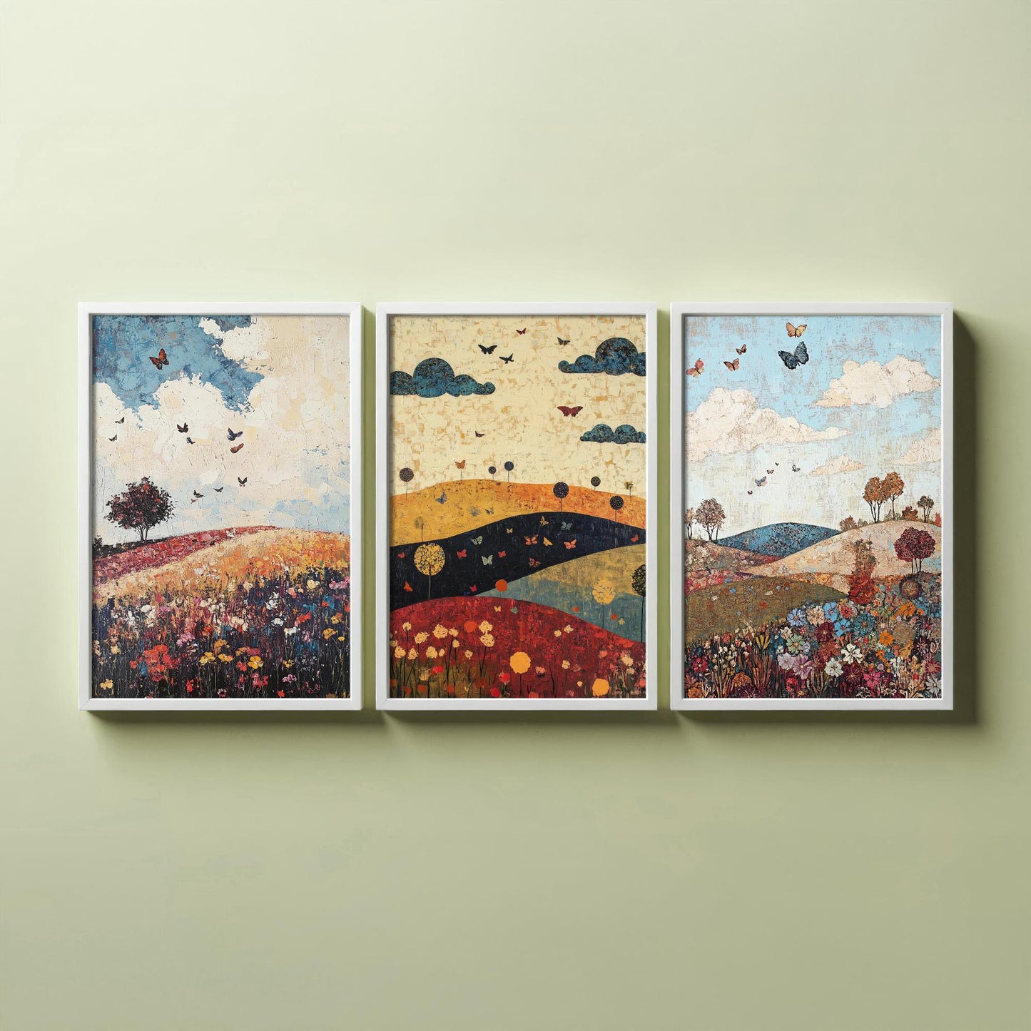 Rolling Hills Butterfly Set of Three Art Prints - Olive Maroon and Dark Blue - Folk Meadow Poster Illustration Gift