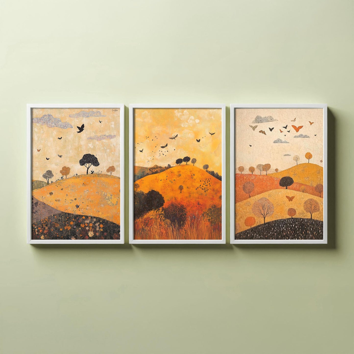 Rolling Hills Butterfly Set of Three Art Prints - Papaya Graphite and Champagne - Folk Meadow Poster Illustration Gift