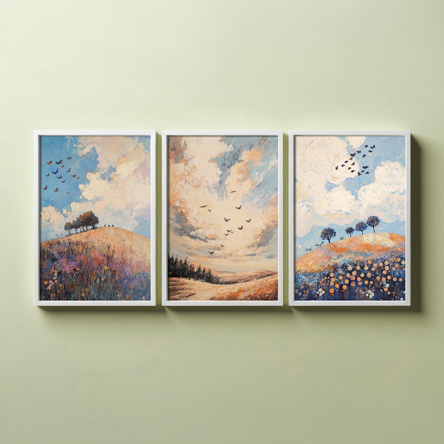 Rolling Hills Butterfly Set of Three Art Prints - Periwinkle Copper and Ice - Folk Meadow Poster Illustration Gift