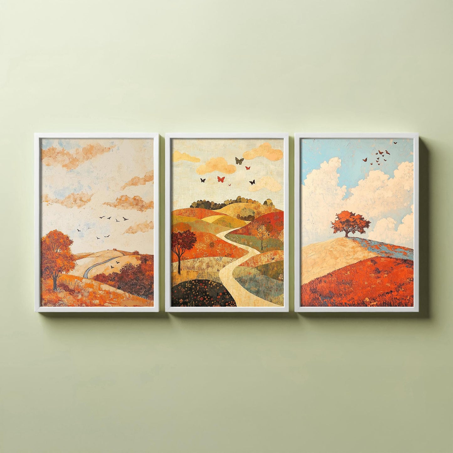 Rolling Hills Butterfly Set of Three Art Prints - Persimmon Denim and Ivory - Folk Meadow Poster Illustration Gift