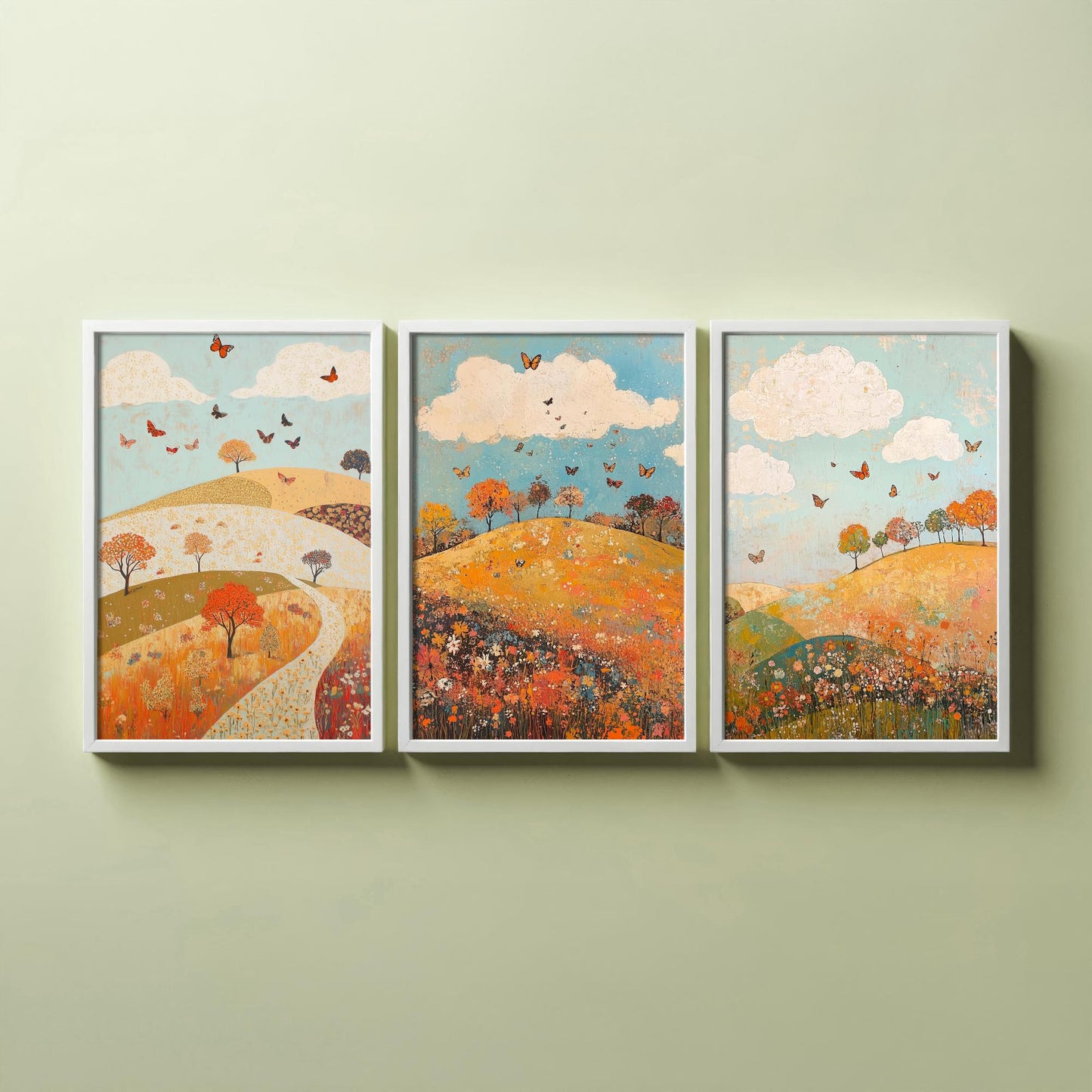 Rolling Hills Butterfly Set of Three Art Prints - Russet Mint and Porcelain - Folk Meadow Poster Illustration Gift