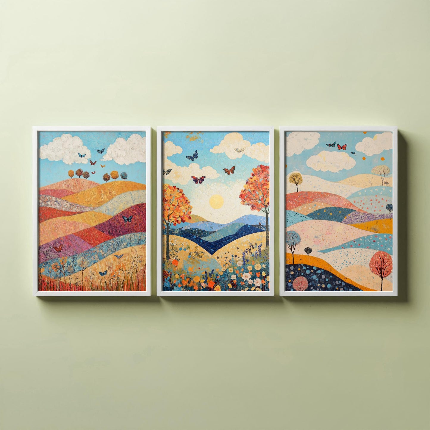 Rolling Hills Butterfly Set of Three Art Prints - Sangria Azure and Cream - Folk Meadow Poster Illustration Gift