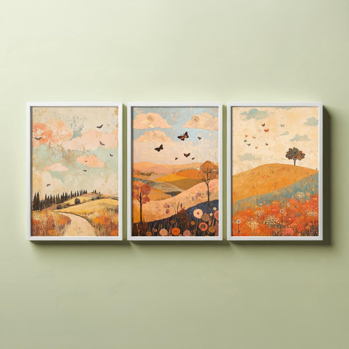 Rolling Hills Butterfly Set of Three Art Prints - Sorbet Sepia and Quartz - Folk Meadow Poster Illustration Gift