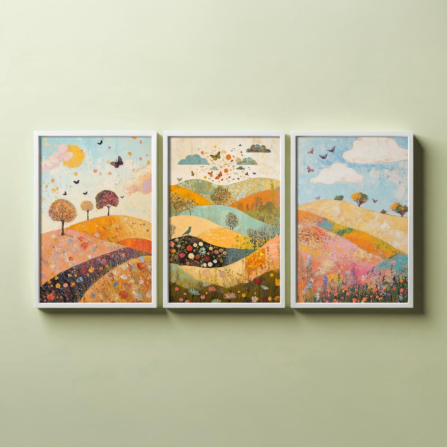 Rolling Hills Butterfly Set of Three Art Prints - Sorrel Orchid and Linen - Folk Meadow Poster Illustration Gift