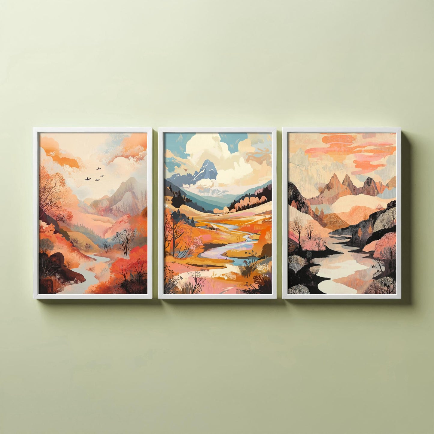 Rolling Hills Landscape Set of Three Art Prints - Wistful Grunge Palette - Misty Valley Poster Illustration Gift