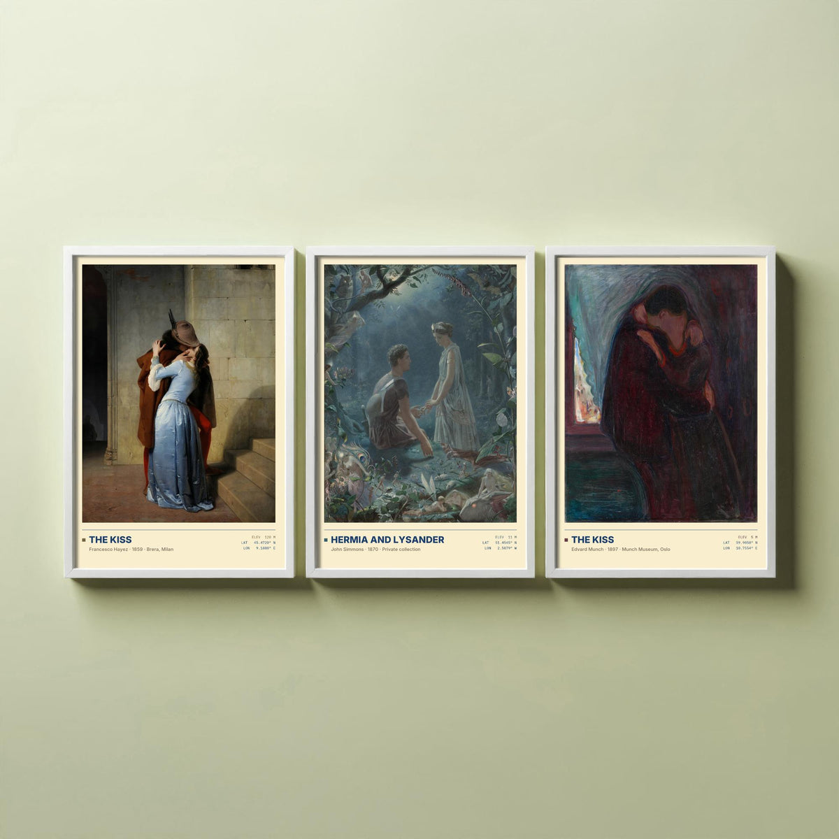 Romantic Embraces Set of Three Art Prints - The Kiss by Hayez, Hermia and Lysander, The Kiss by Munch - Love Gallery Posters - Paintings