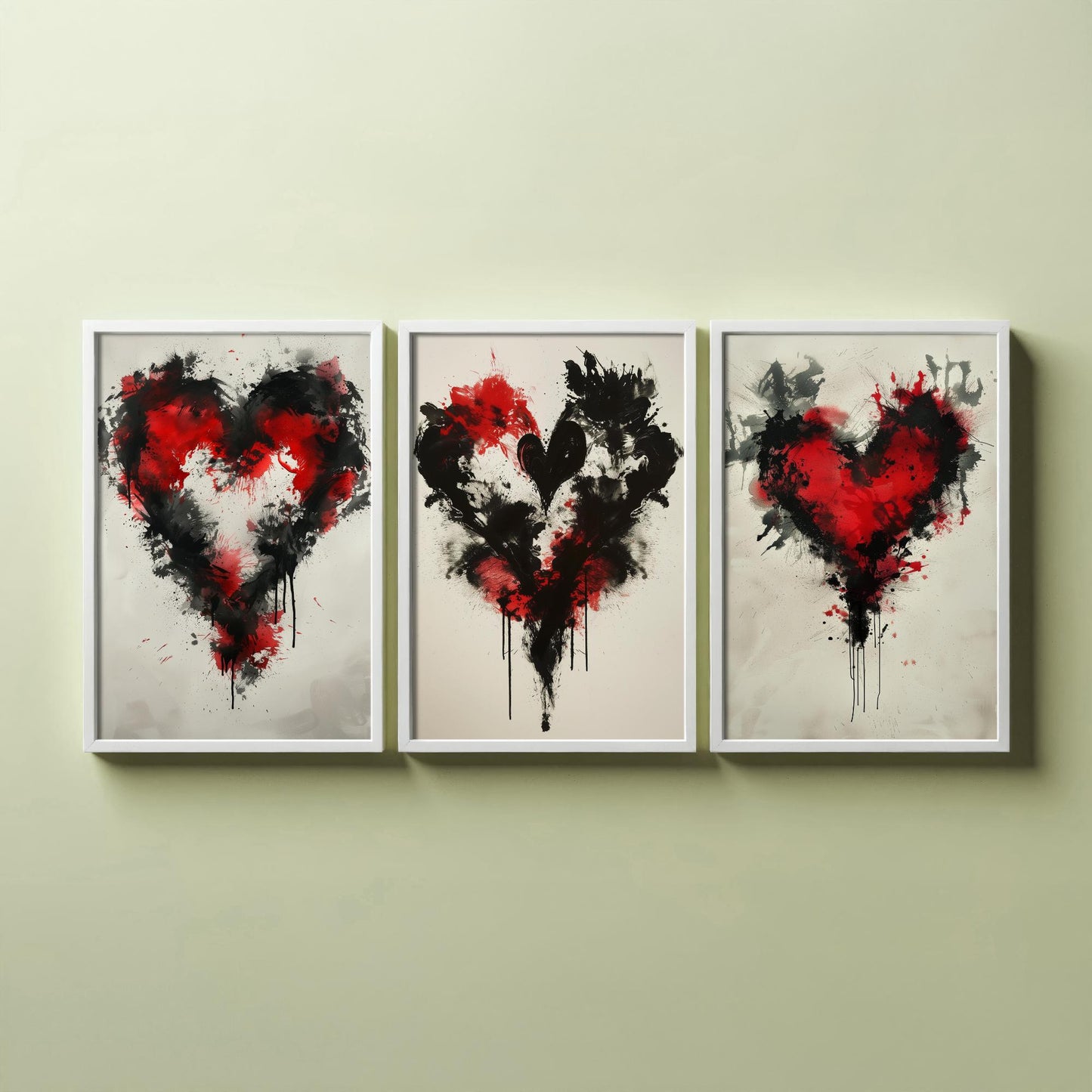 Rorschach Love Heart Set of Three Art Prints - 3 Red Black Splatter Ink Posters - Illustration Romantic Anniversary Gift Decor