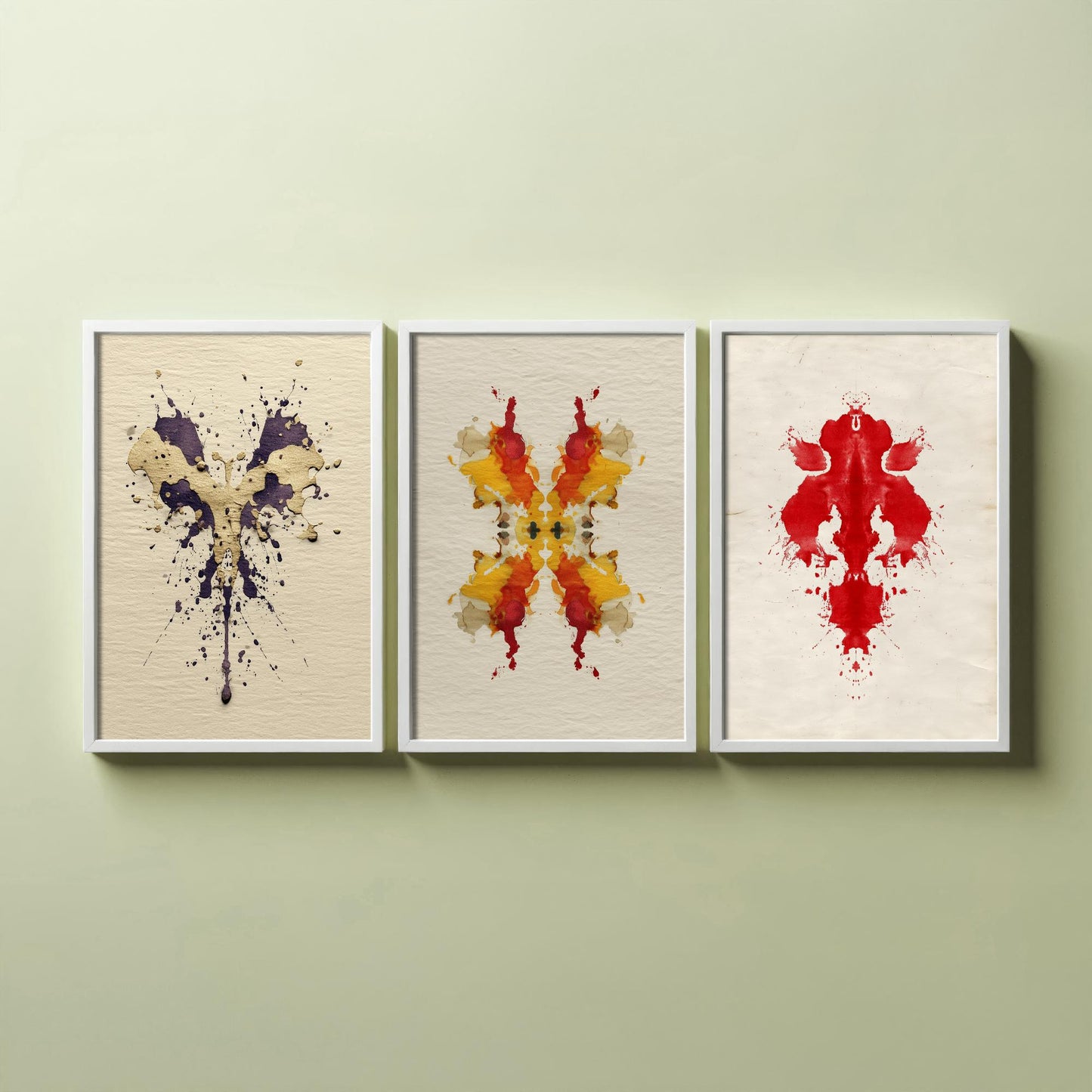 Rorschach Yellow Burst Set of Three Art Prints - 3 Bold Inkblot Posters - Illustration Psychology Student Maximalist Wall Decor