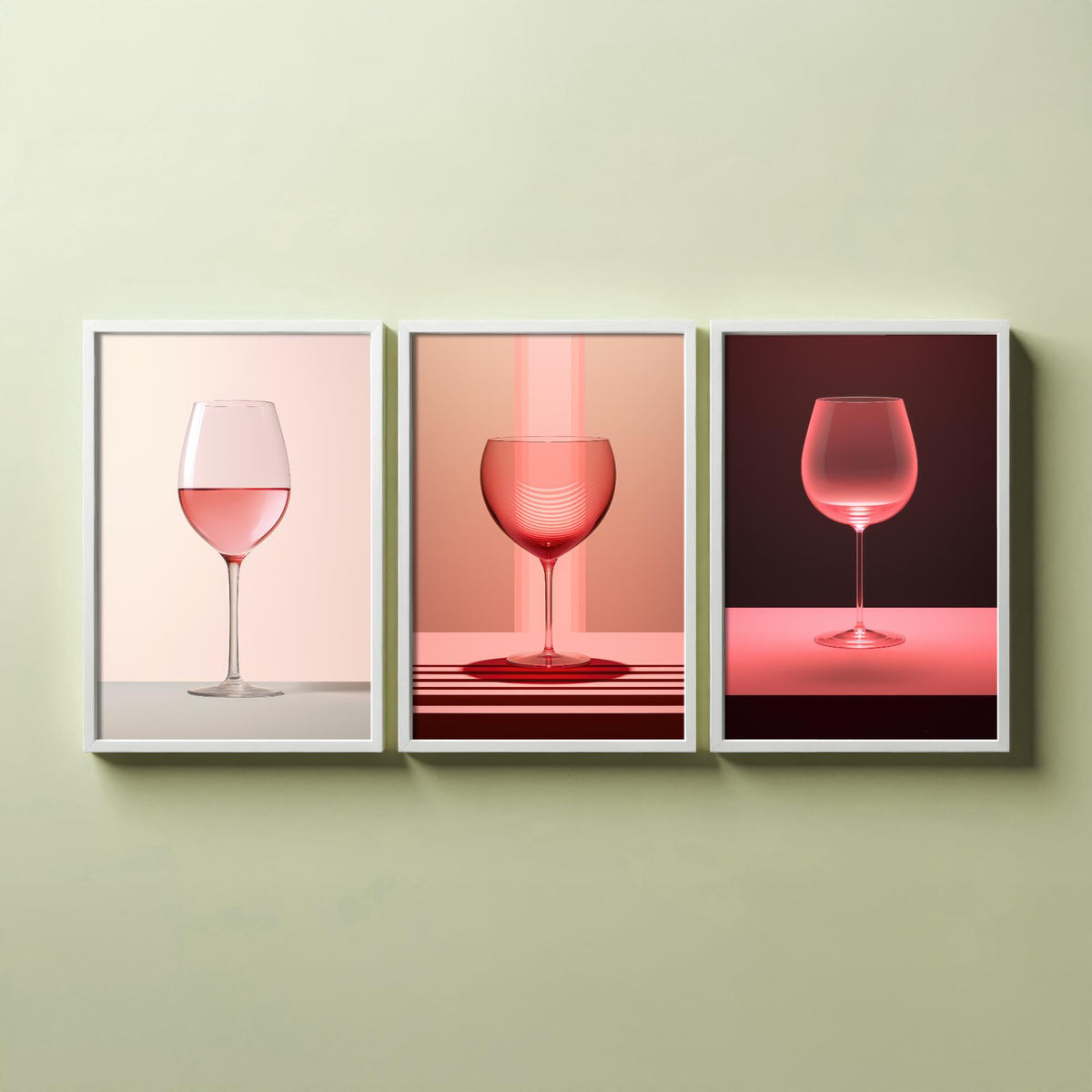 Rose Wine Glasses Set of Three Art Prints - Pink Wine in Soft Light - Minimalist Photo Poster