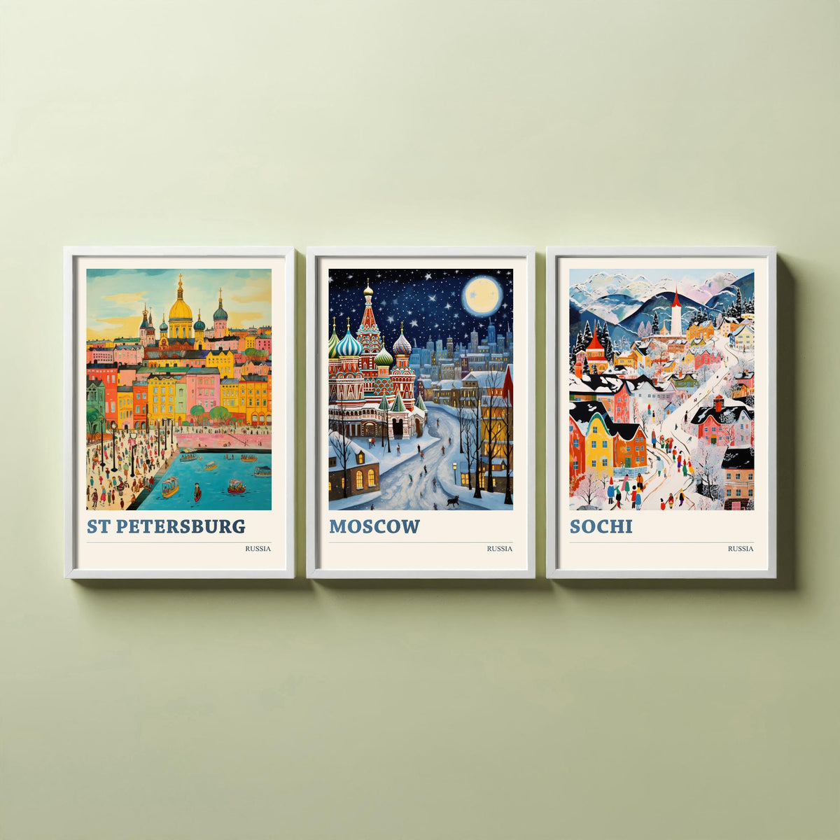 Russia Set of Three Travel Posters - St Petersburg, Moscow, Sochi - Ludwig Folk Art Prints - Naive Painting