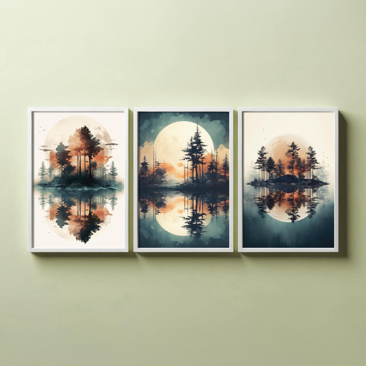 Rust Moon over Water Set of Three Art Prints - Pine Islands and Reflections - Soft Watercolour Style Poster V1