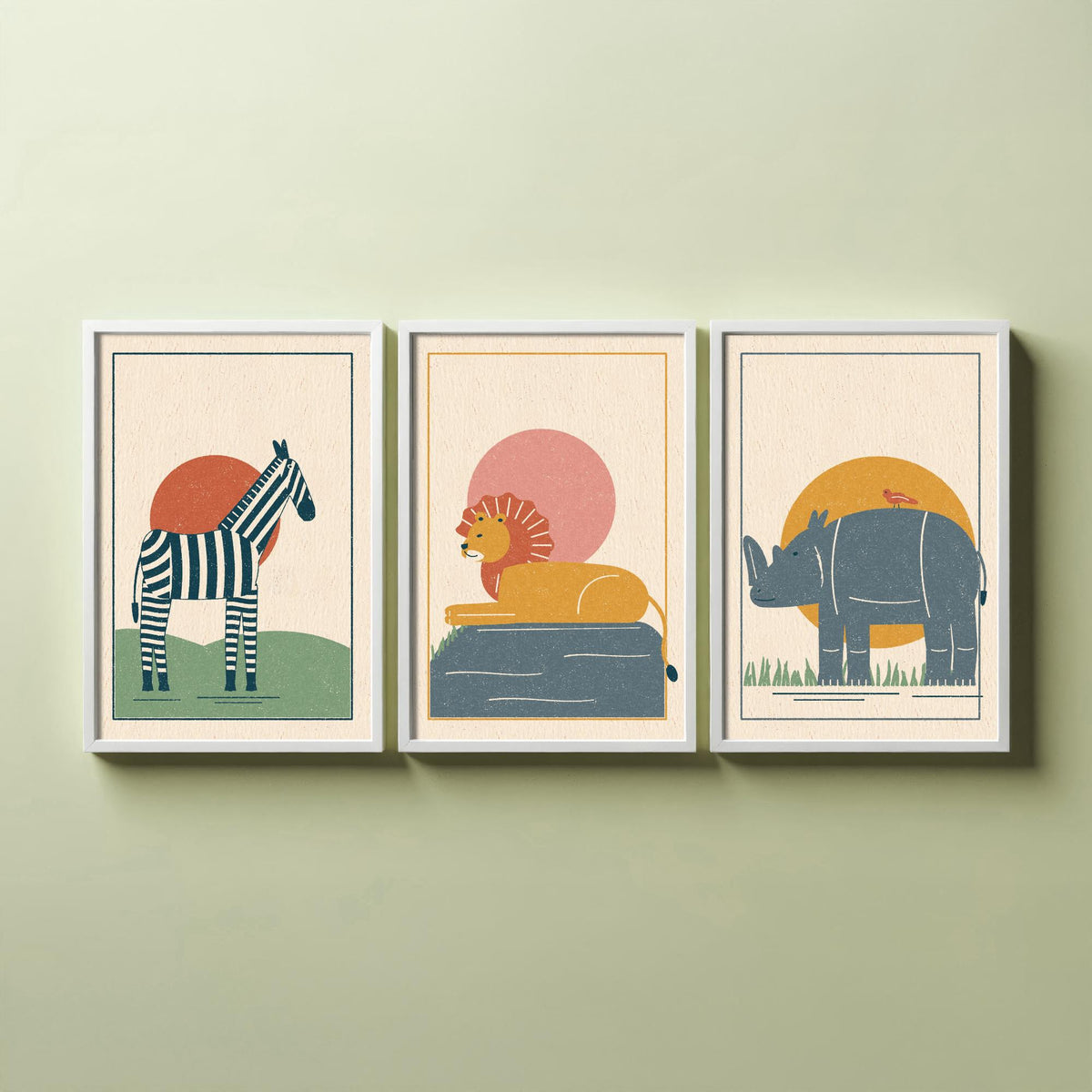 Safari Animal Set of Three Art Prints - Zebra, Lion, Rhino - Linocut Style Poster Illustration V2