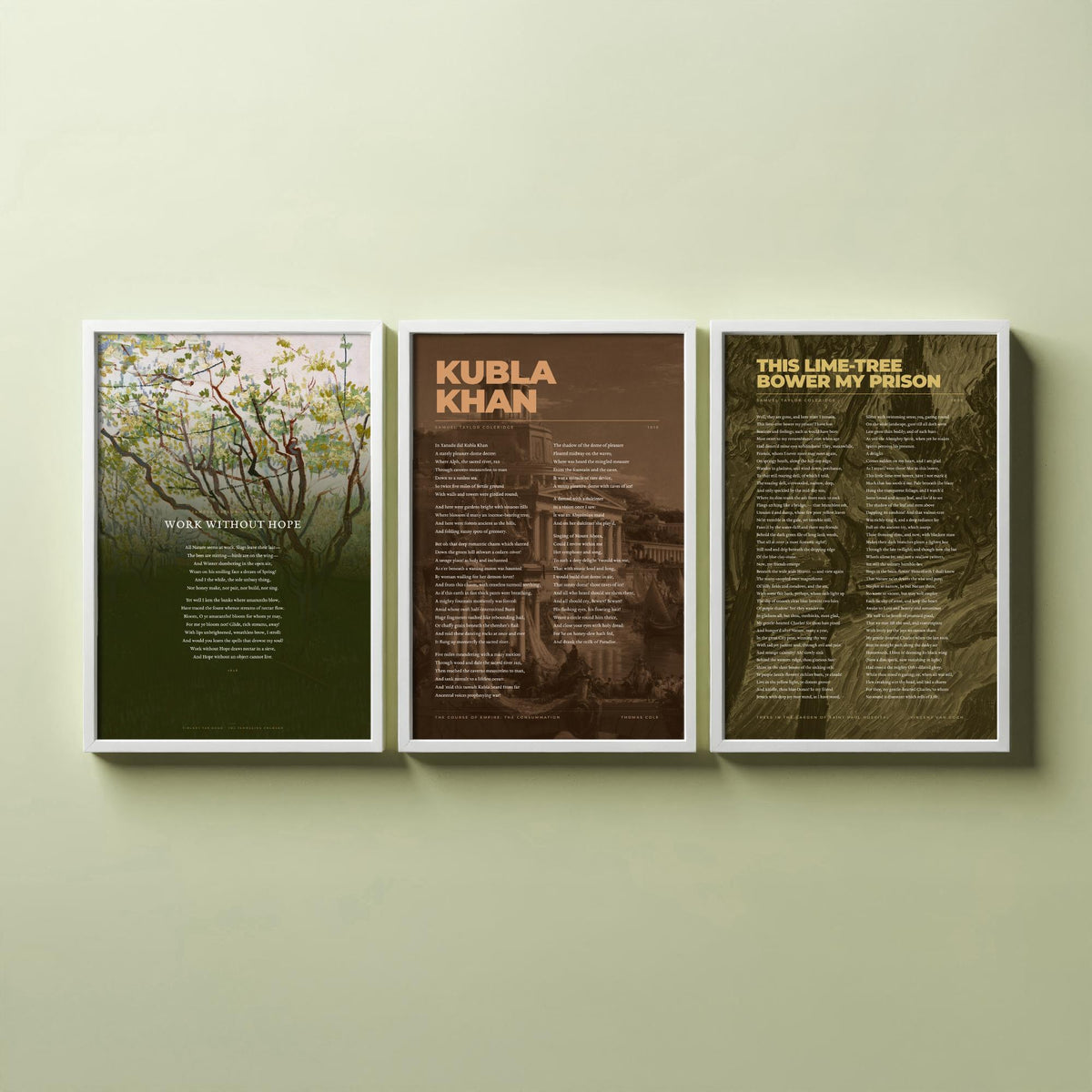 Samuel Taylor Coleridge Set of Three Art Prints - Kubla Khan, Work Without Hope, This Lime-Tree Bower - Full Poems over Paintings Poster