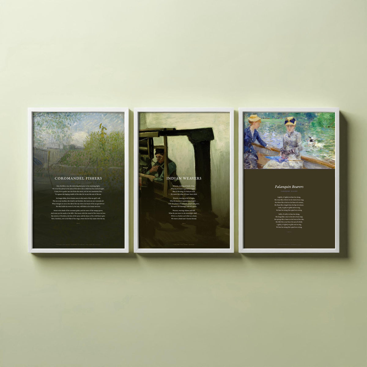 Sarojini Naidu Set of Three Art Prints - Coromandel Fishers, Indian Weavers, Palanquin Bearers - Full Poems over Paintings Poetry Poster