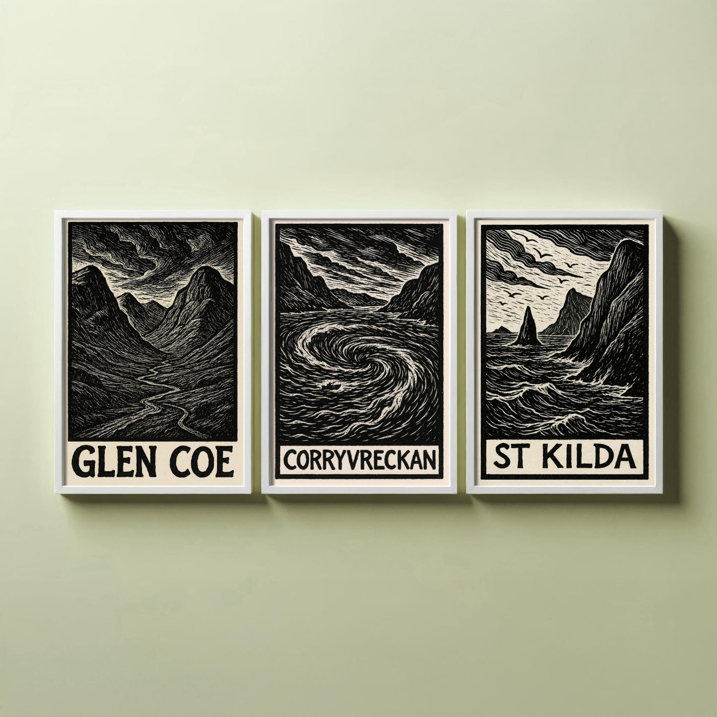 Scotland Woodcut Set of Three Art Prints - 3 Glen Coe Corryvreckan St Kilda Posters - Gothic Illustration Highland Travel Gift