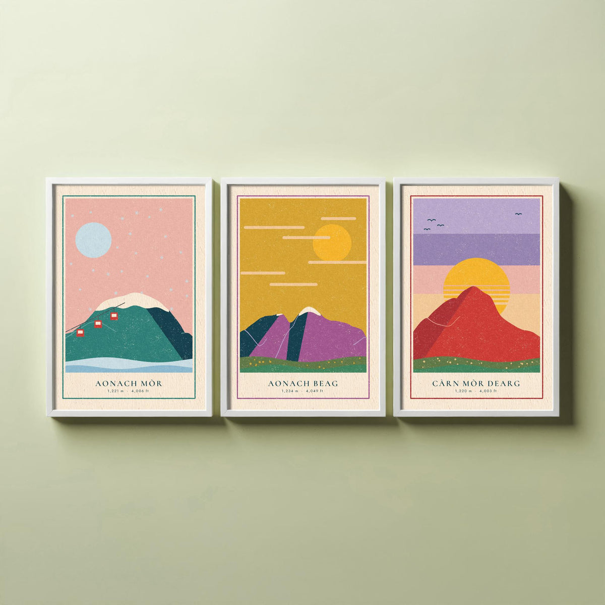 Lochaber 4000ft Munro Set of Three Art Prints - Aonach Mor, Aonach Beag, Carn Mor Dearg - Linocut Style Poster Illustration V2