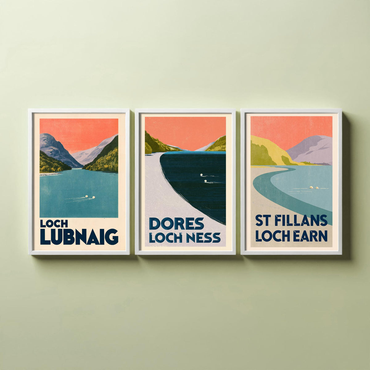 Scotland Wild Swimming Set of Three Art Prints - Loch Lubnaig, Dores Loch Ness, St Fillans Loch Earn - Peach Art Deco Poster Illustration V1