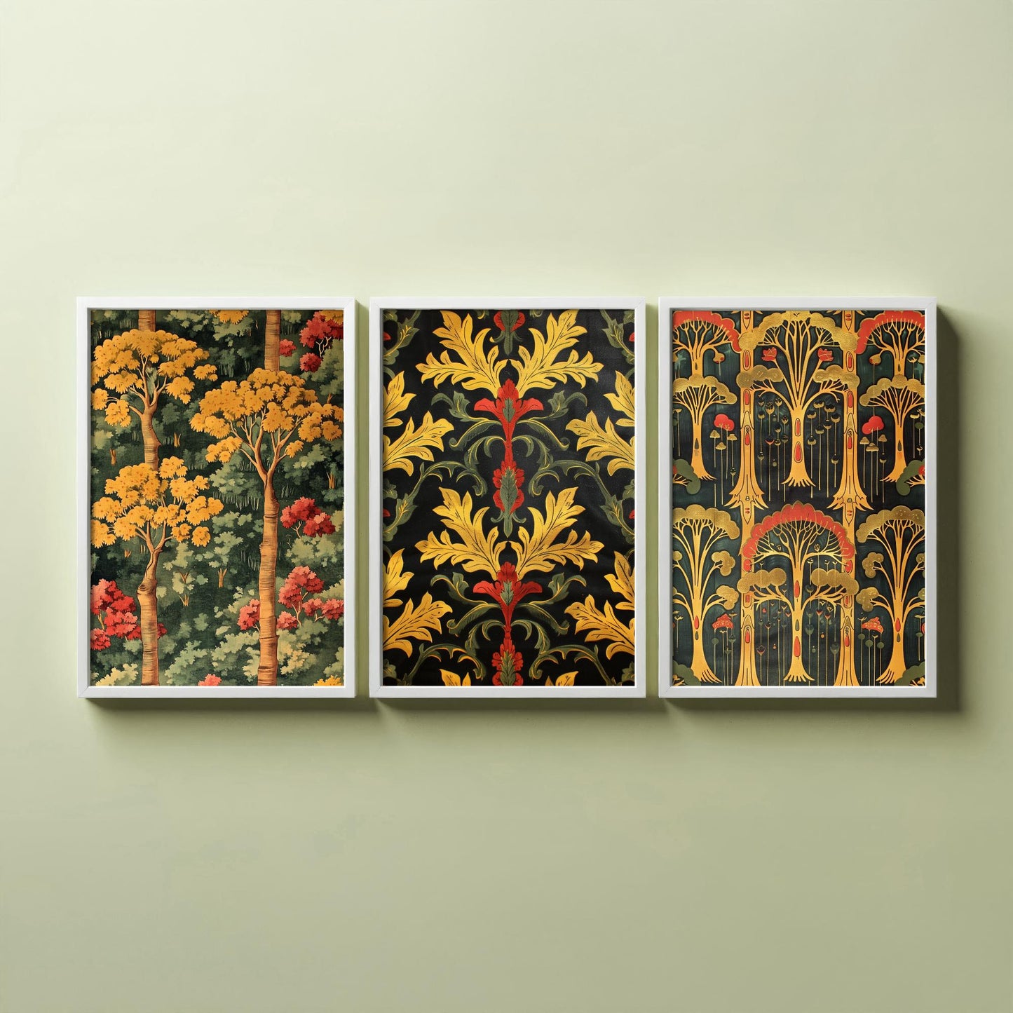 Scottish Book of the Woodlands Art Prints - Set of Three Gold and Green Forest Posters - Tree Toadstool Illustration V2