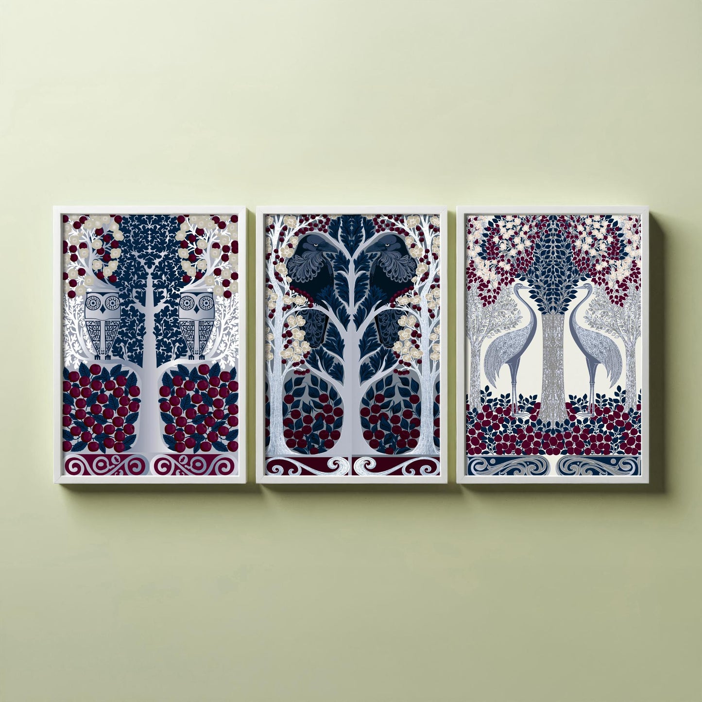 Scottish Book of the Woodlands Art Prints - Set of Three Navy & Burgundy Forest Posters - Owl and Crane Paintings V10