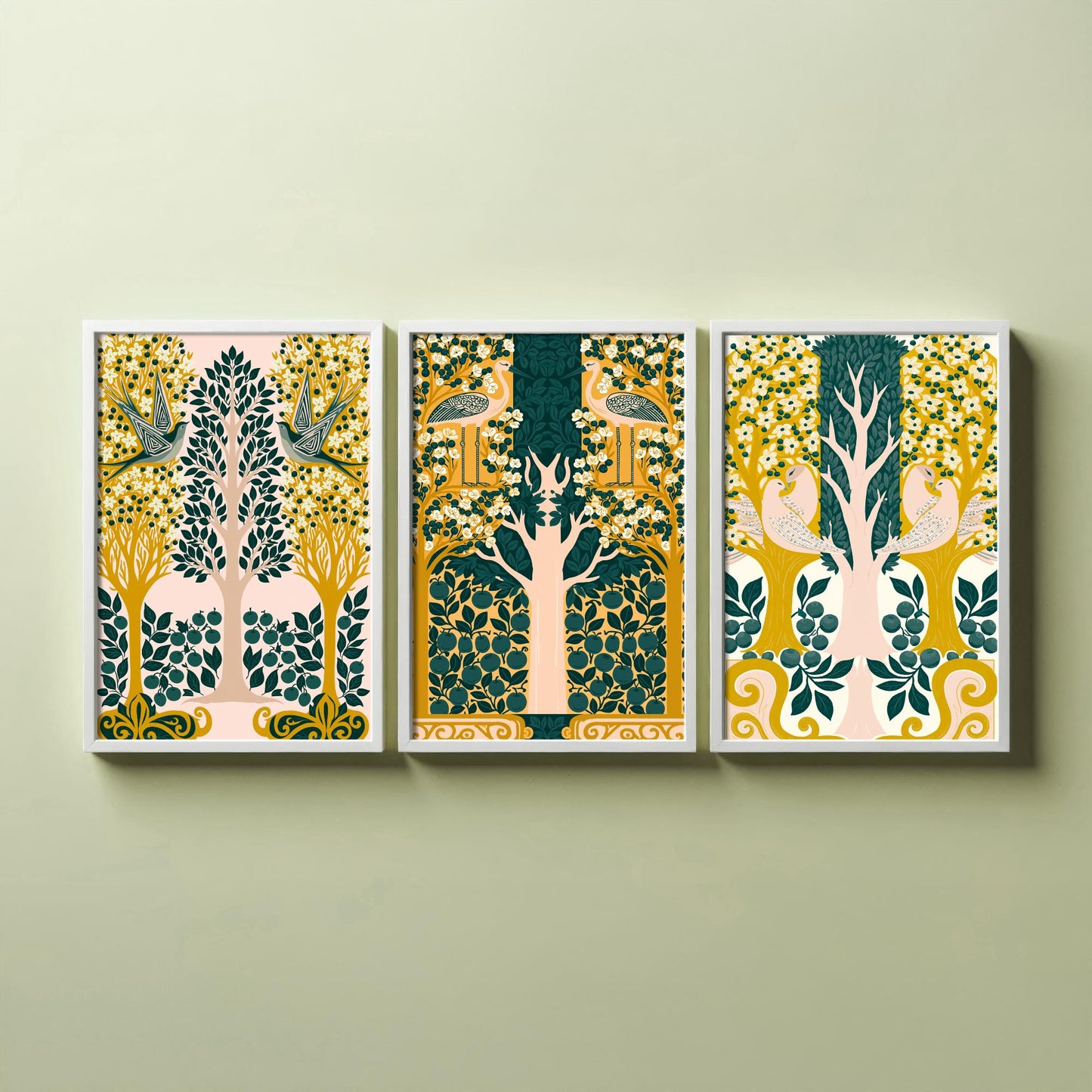 Scottish Book of the Woodlands Art Prints - Set of Three Pink & Green Forest Posters - Swallow and Dove Paintings V13