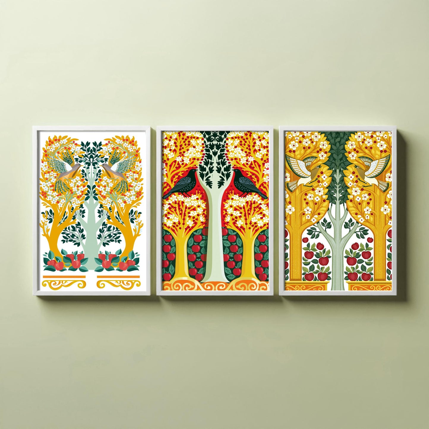 Scottish Book of the Woodlands Art Prints - Set of Three Gold & Red Forest Posters - Woodpecker and Dove Paintings V14