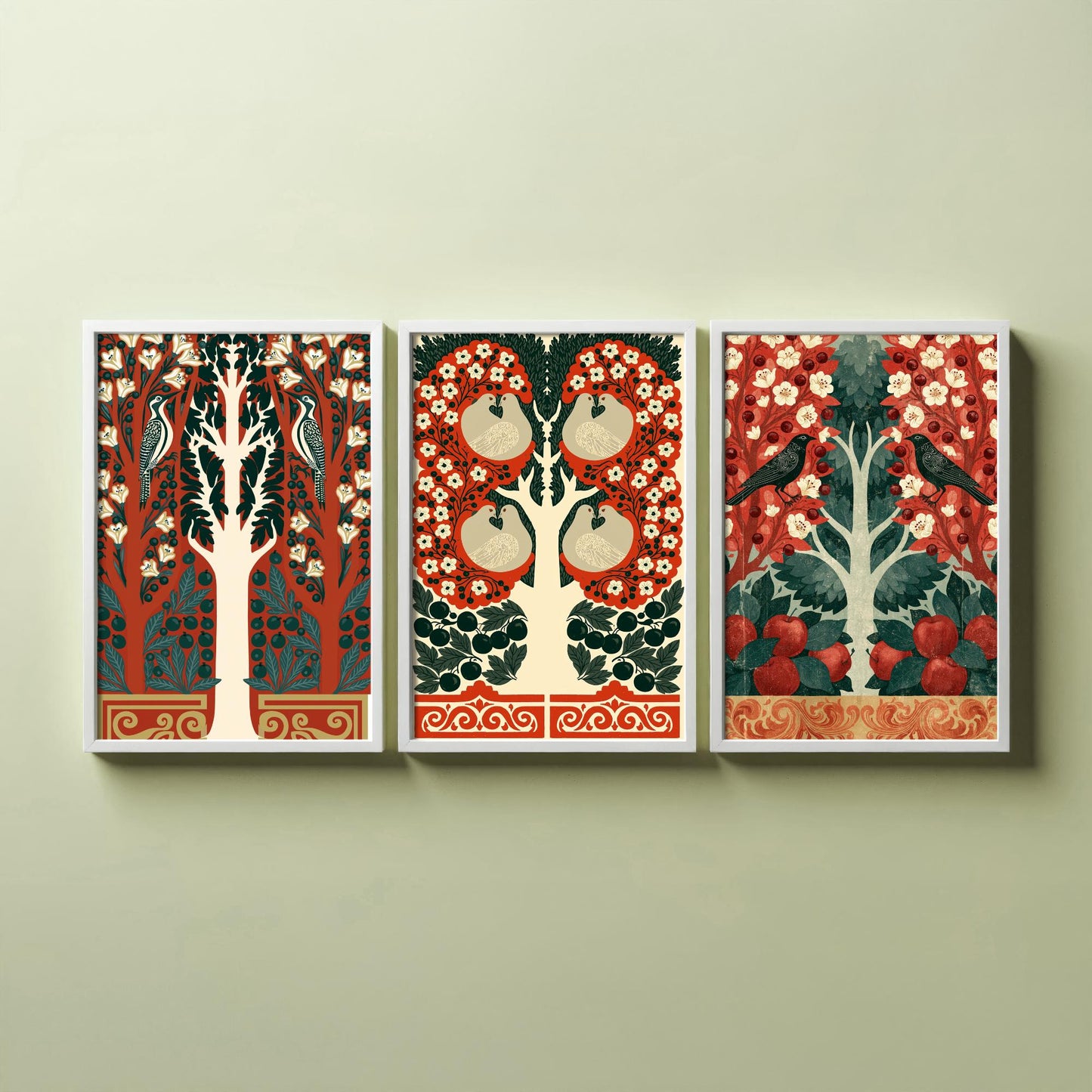 Scottish Book of the Woodlands Art Prints - Set of Three Red & Green Forest Posters - Woodpecker and Robin Paintings V16