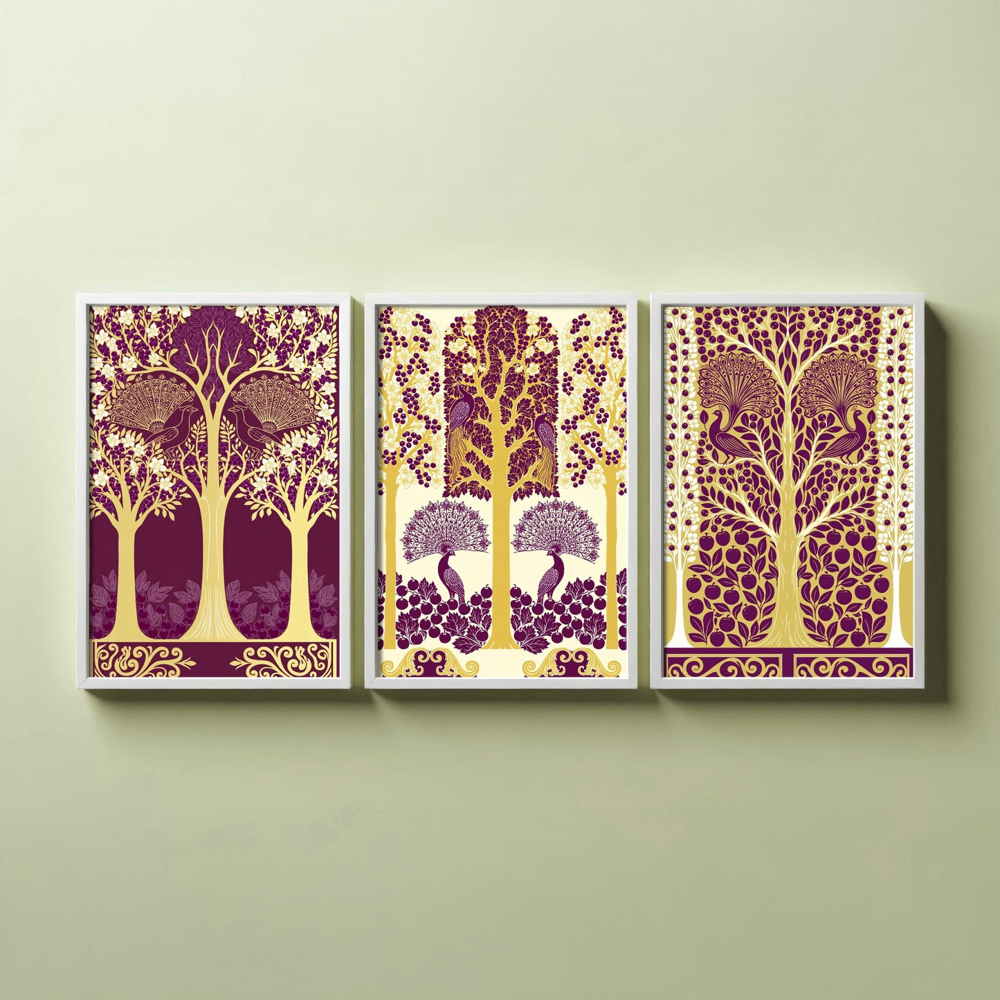 Scottish Book of the Woodlands Art Prints - Set of Three Plum & Gold Forest Posters - Peacock Paintings V5