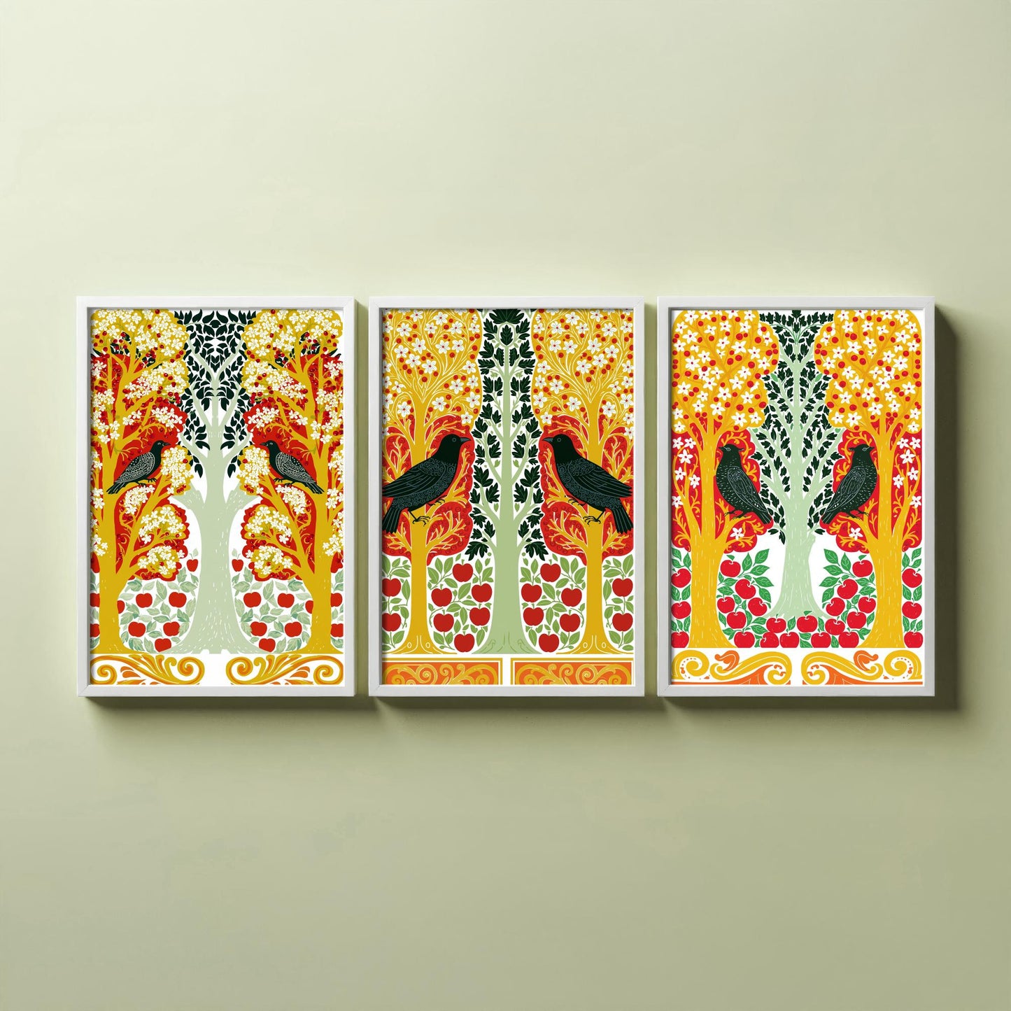 Scottish Book of the Woodlands Art Prints - Set of Three Red & Gold Forest Posters - Blackbird and Apple Tree Paintings V6