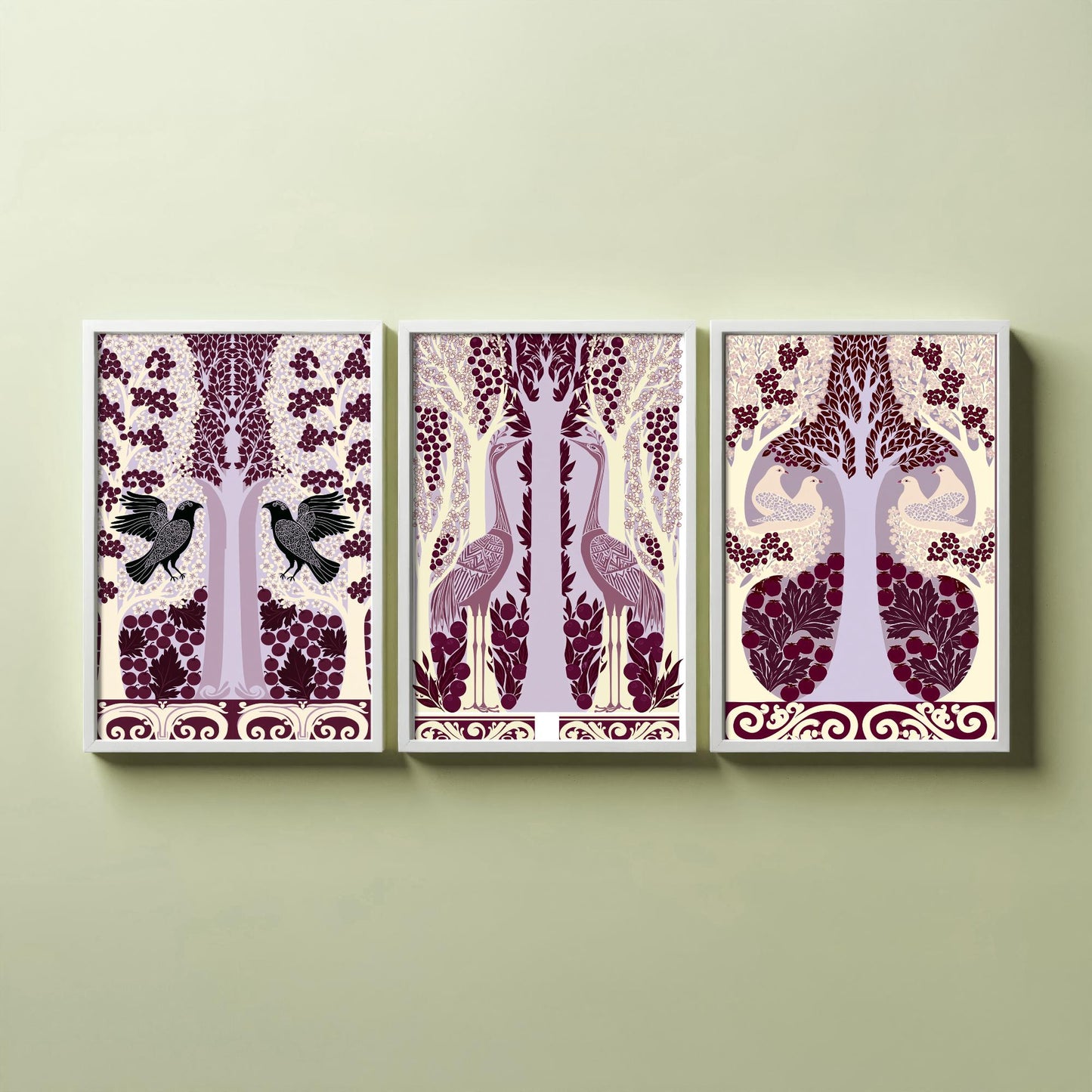 Scottish Book of the Woodlands Art Prints - Set of Three Plum & Lilac Forest Posters - Raven and Crane Paintings V7
