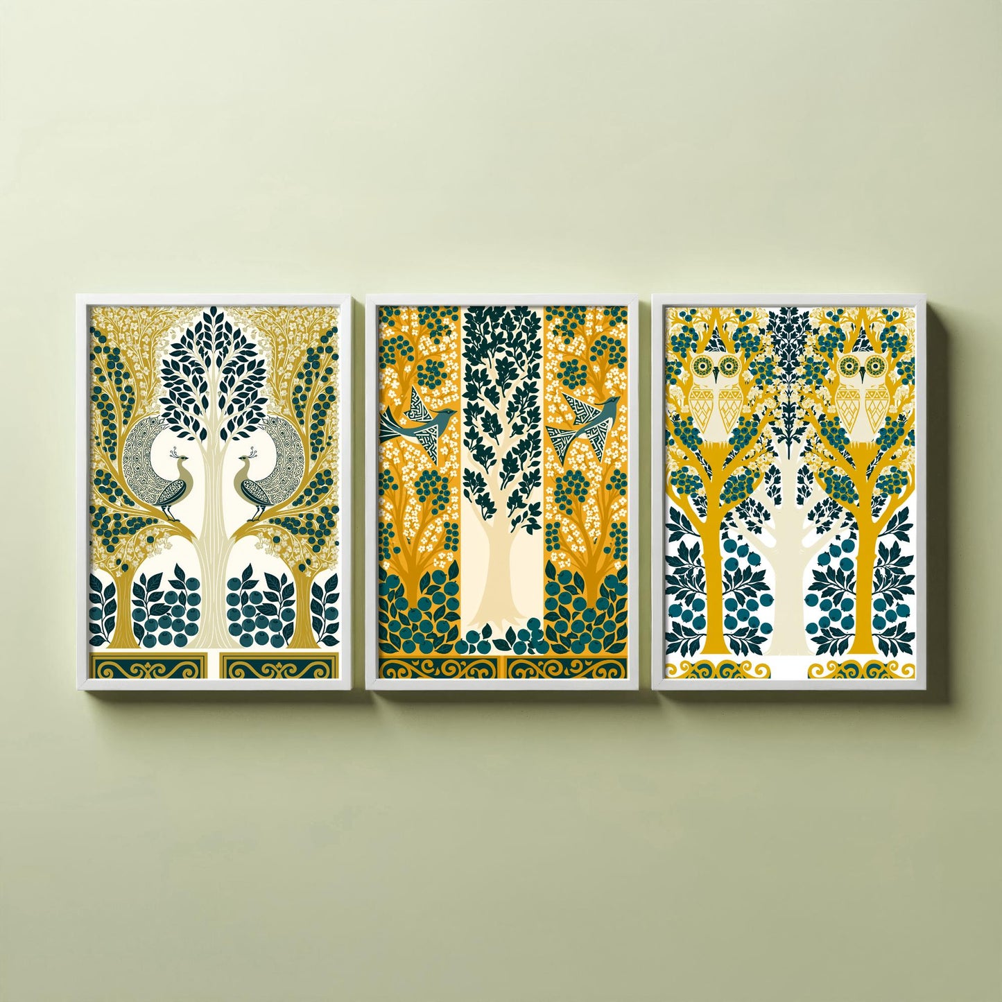 Scottish Book of the Woodlands Art Prints - Set of Three Teal & Gold Forest Posters - Peacock and Owl Paintings V9