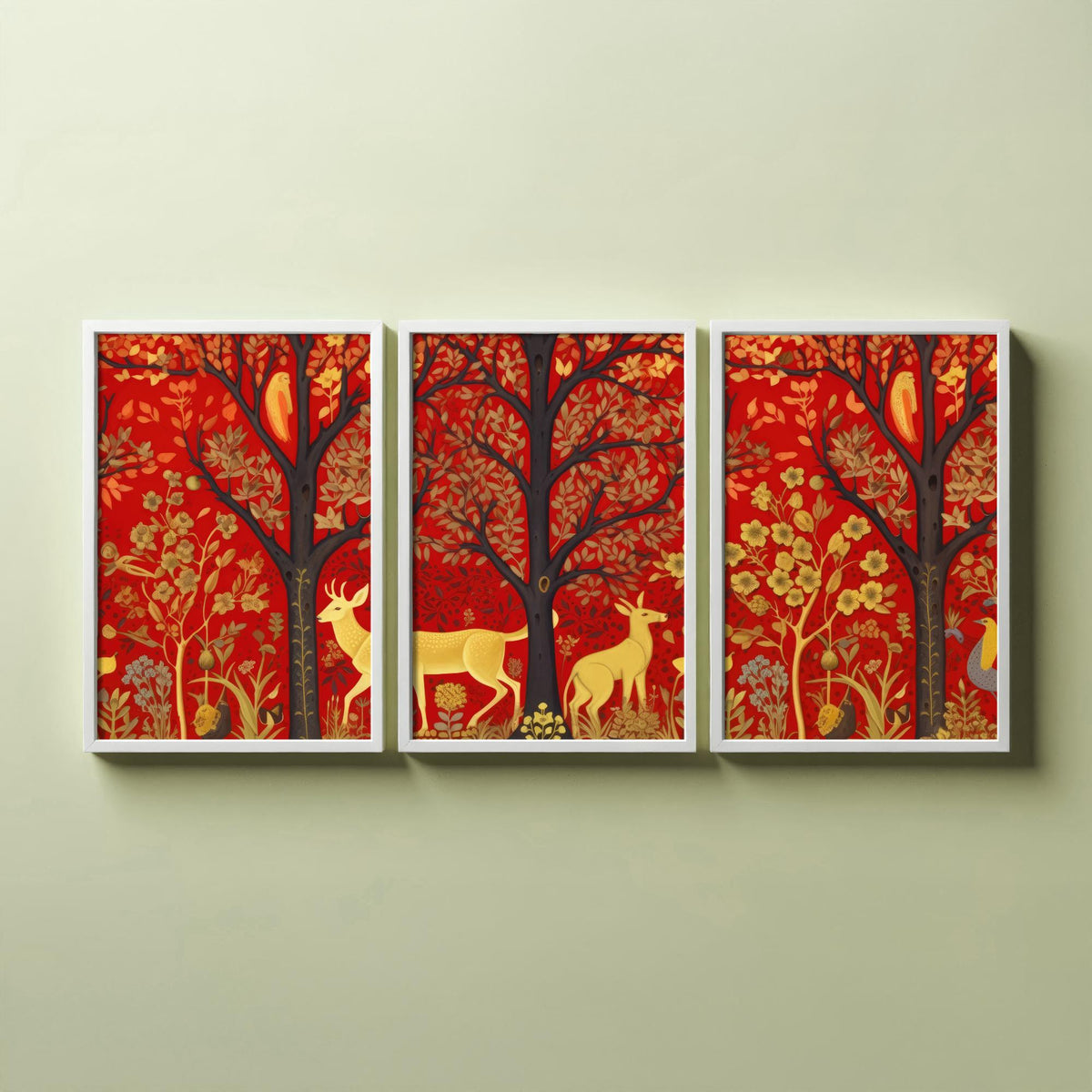 Scottish Woodland Folk Art Set of Three Art Prints - Golden Deer under Red Trees - Tapestry Style Poster Illustration