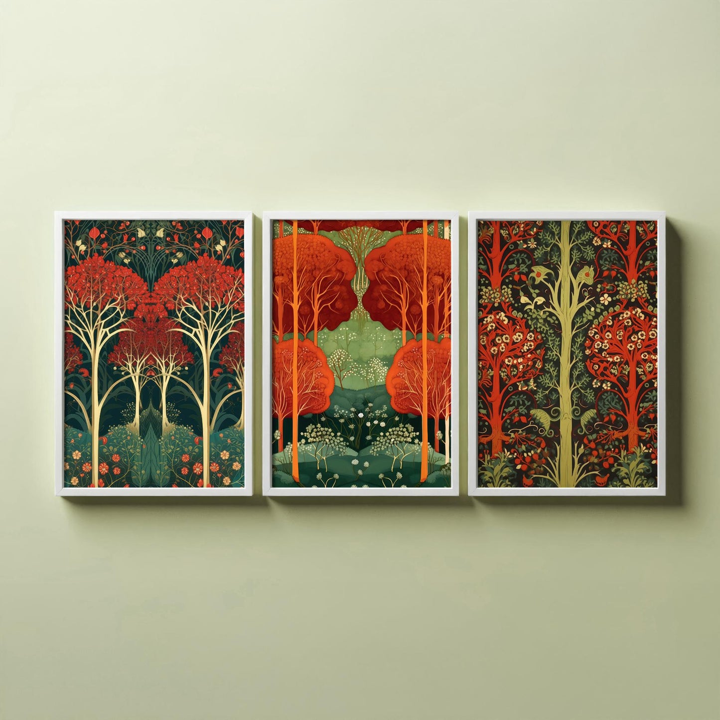Scottish Book of the Woodlands Set of Three Art Prints - Ruby and Emerald Forest Posters - Fox Robin Bird Illustration