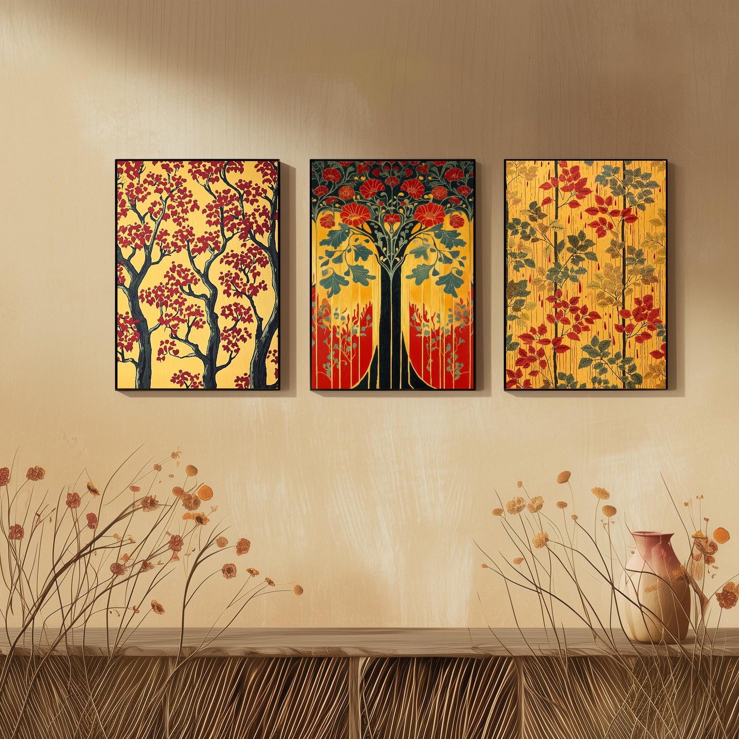 Scottish Book of the Woodlands #1 - Yellow / Red - Set of Three Paintings - 3 Forest Art Prints Poster