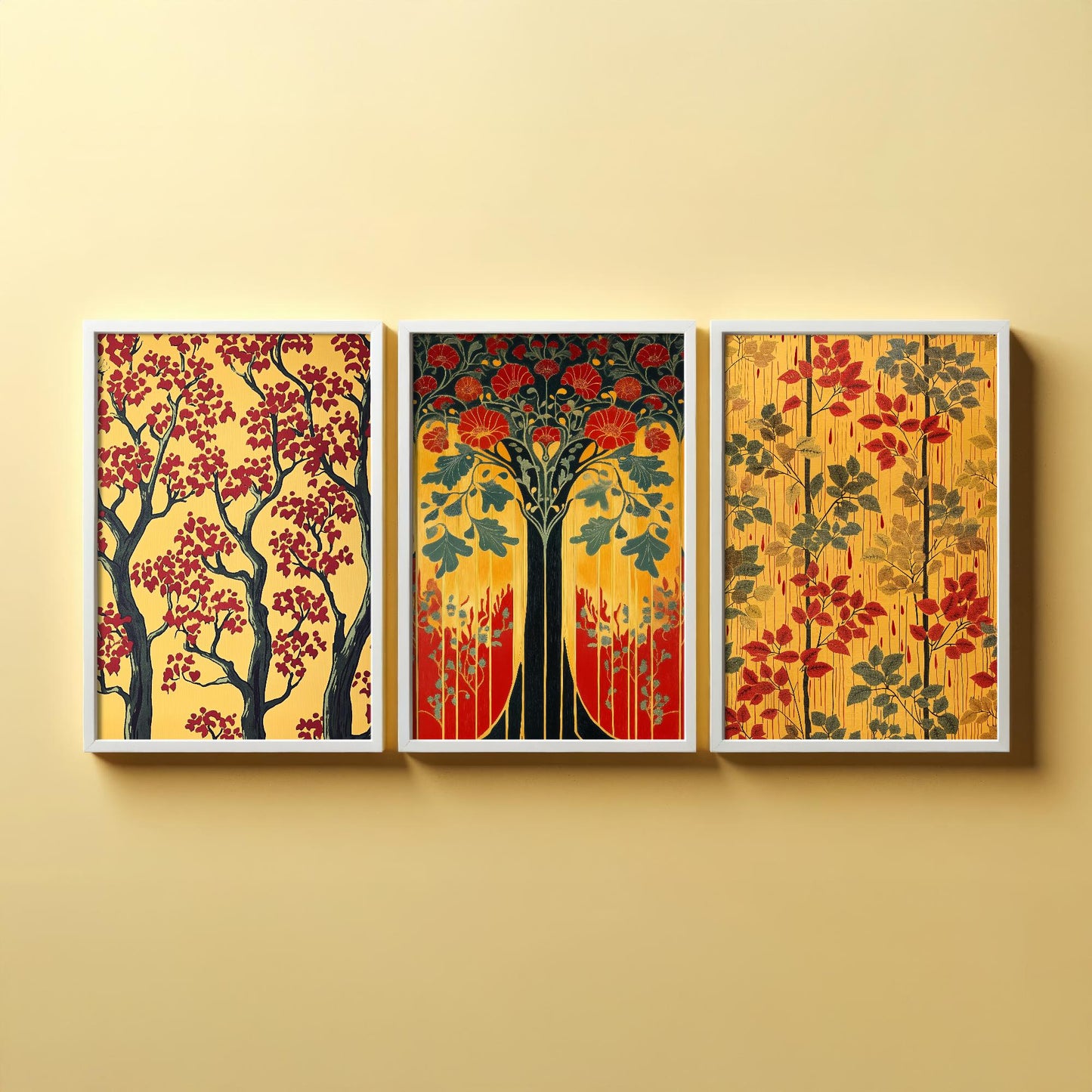 Scottish Book of the Woodlands #1 - Yellow / Red - Set of Three Paintings - 3 Forest Art Prints Poster