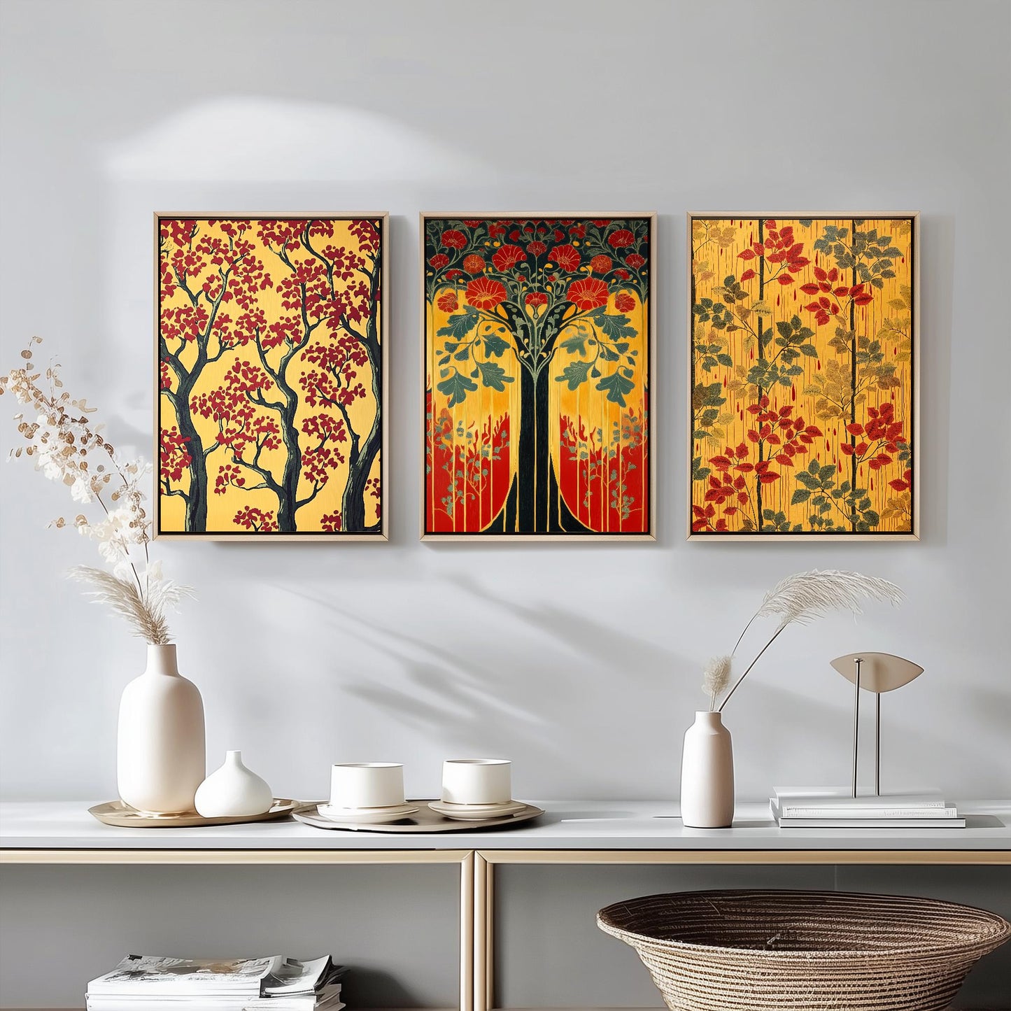 Scottish Book of the Woodlands #1 - Yellow / Red - Set of Three Paintings - 3 Forest Art Prints Poster