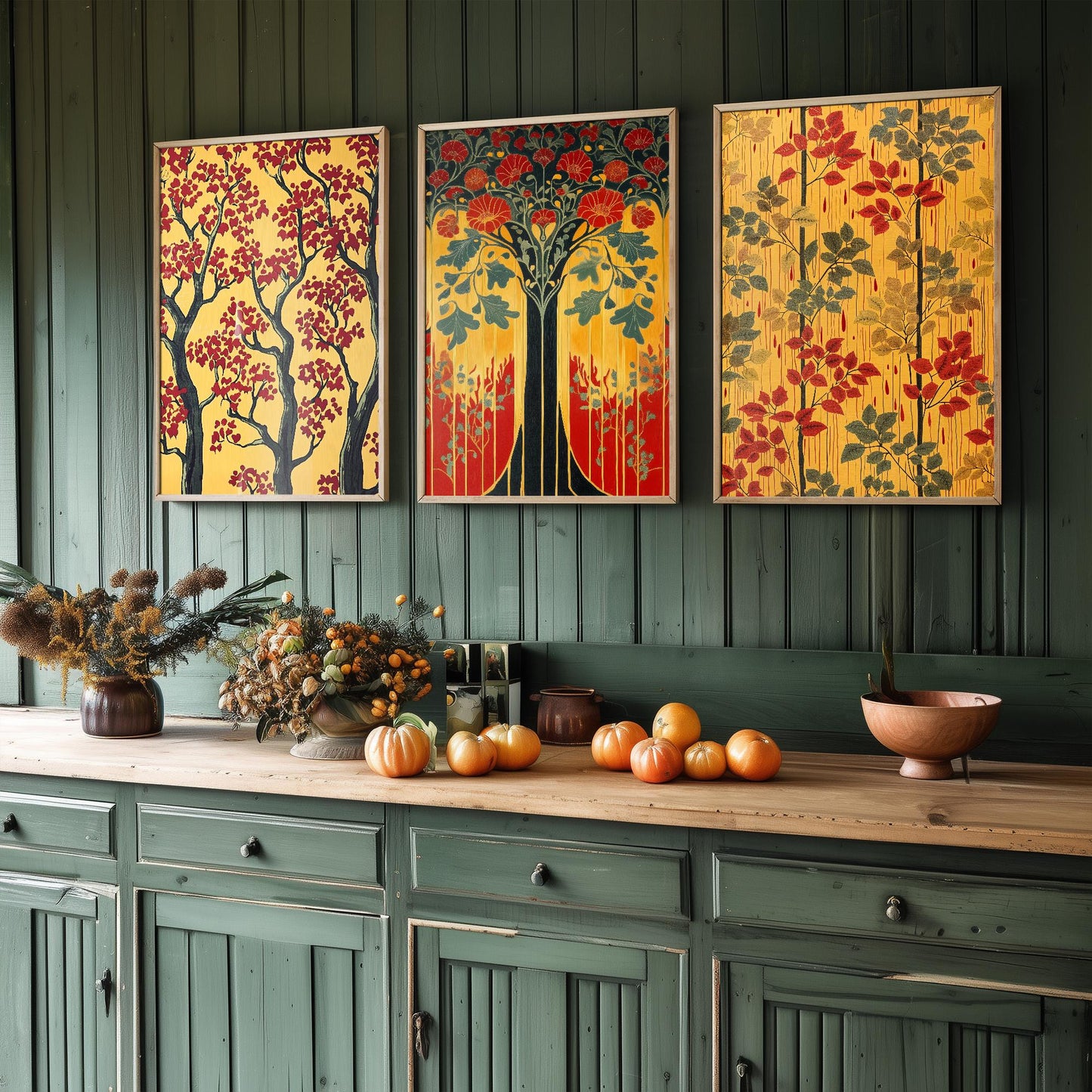Scottish Book of the Woodlands #1 - Yellow / Red - Set of Three Paintings - 3 Forest Art Prints Poster