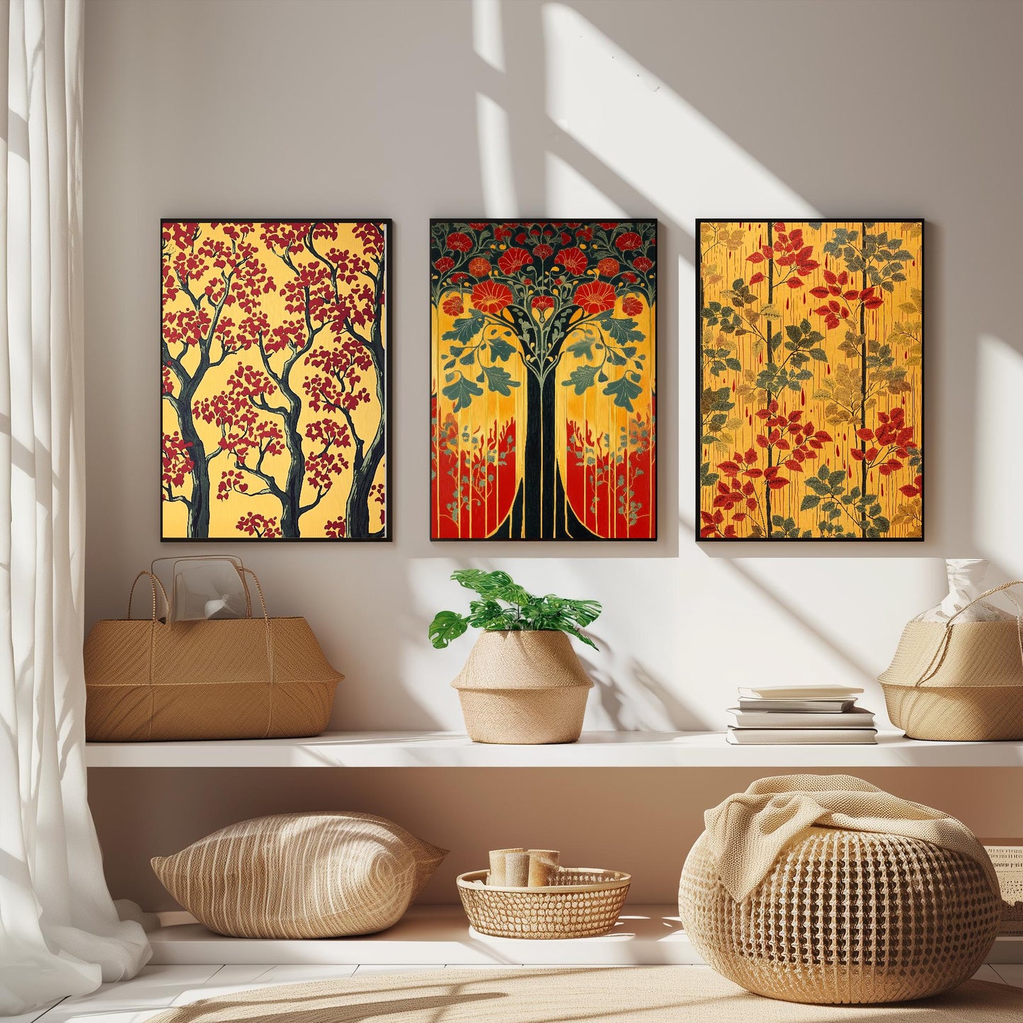 Scottish Book of the Woodlands #1 - Yellow / Red - Set of Three Paintings - 3 Forest Art Prints Poster