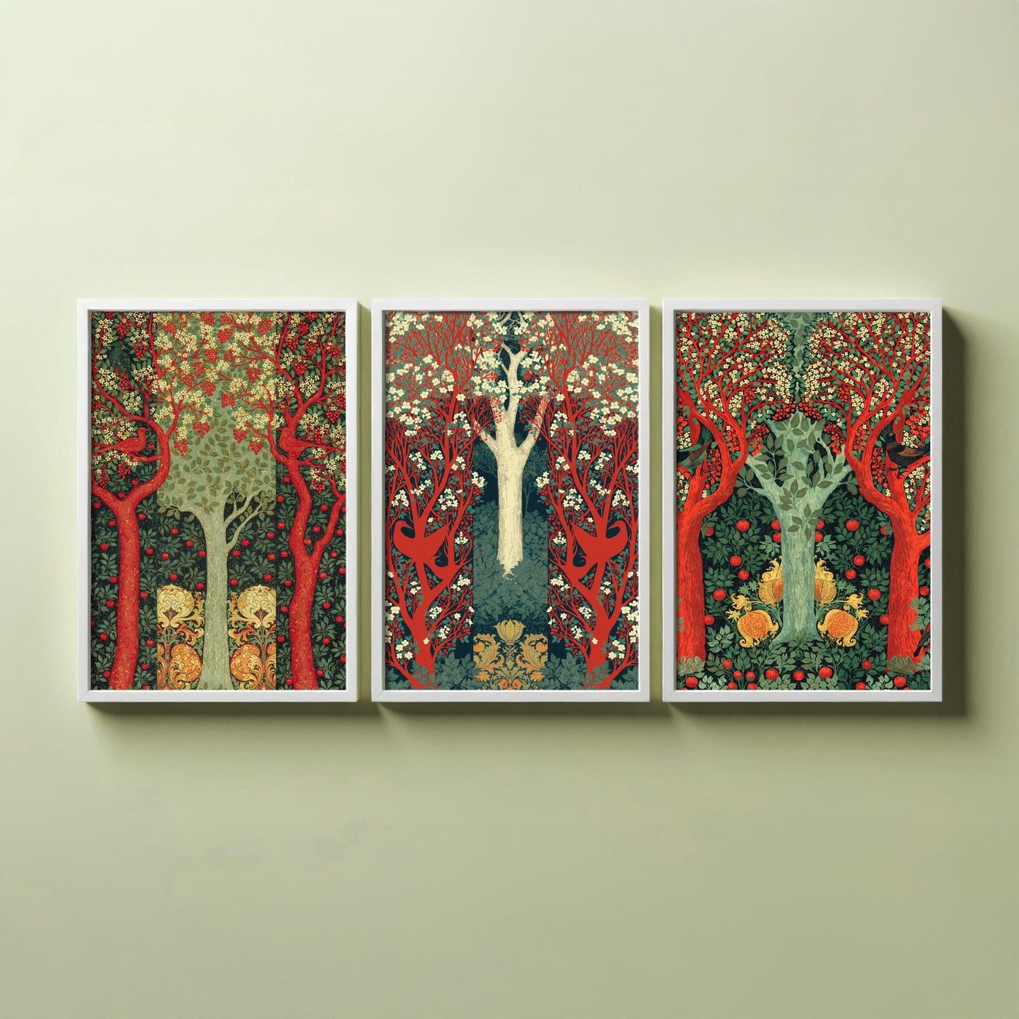 Scottish Book of the Woodlands Set of Three Art Prints - Scarlet and Sage Orchard Posters - Hare Peacock Apple Illustration V4