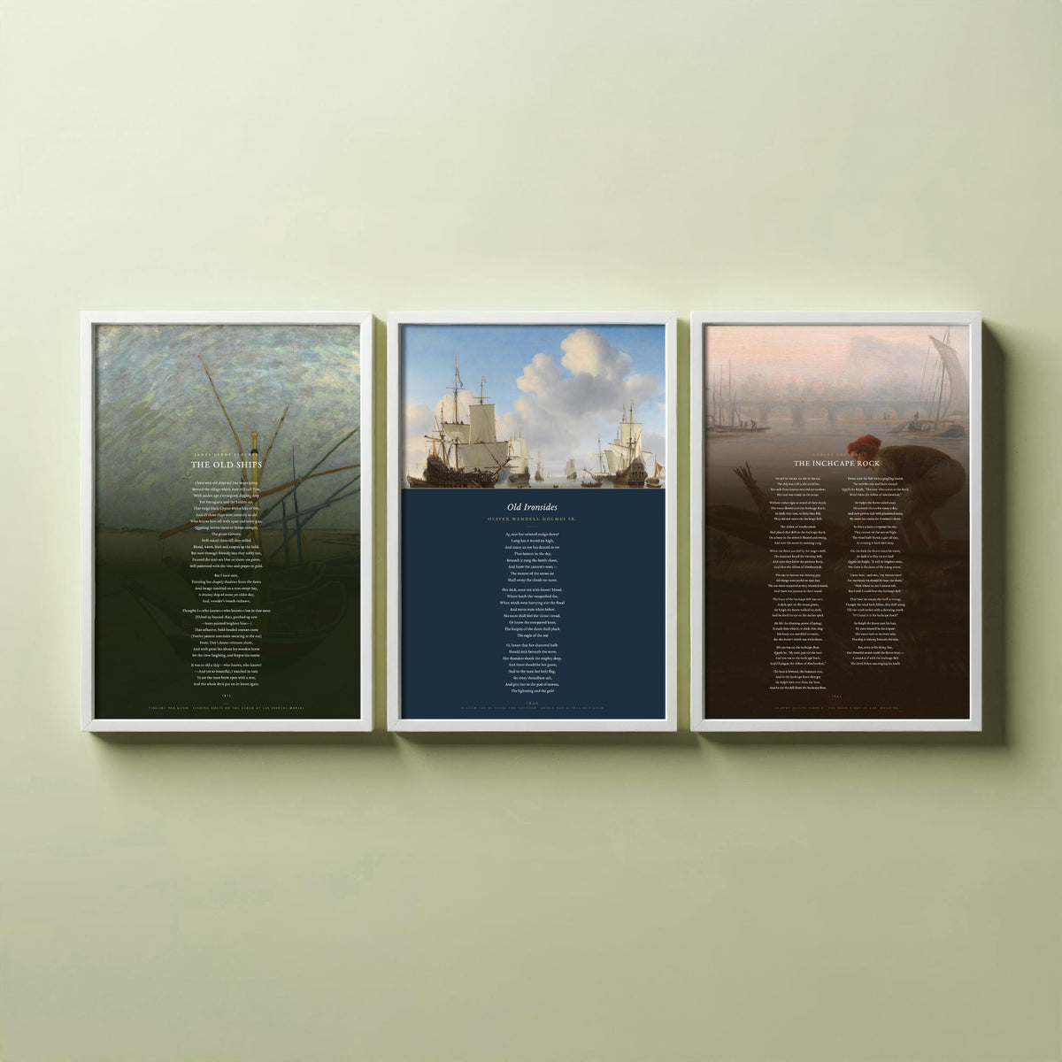 Sea and Ships Poems Set of Three Art Prints - The Old Ships, Old Ironsides, The Inchcape Rock - Full Poems over Paintings Nautical Poster