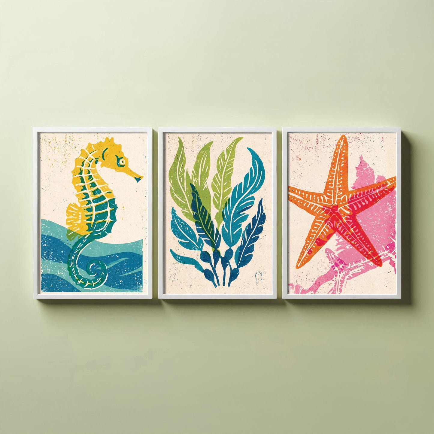 Sea Life Set of Three Art Prints - Seahorse, Seaweed, Starfish - Colourful Coastal Linocut Posters - Beach House Illustration V2