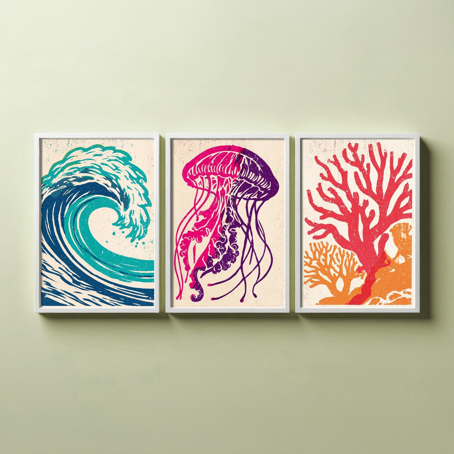 Ocean Wave Set of Three Art Prints - Curling Wave, Jellyfish, Coral - Bold Sea Life Linocut Posters - Coastal Illustration V1