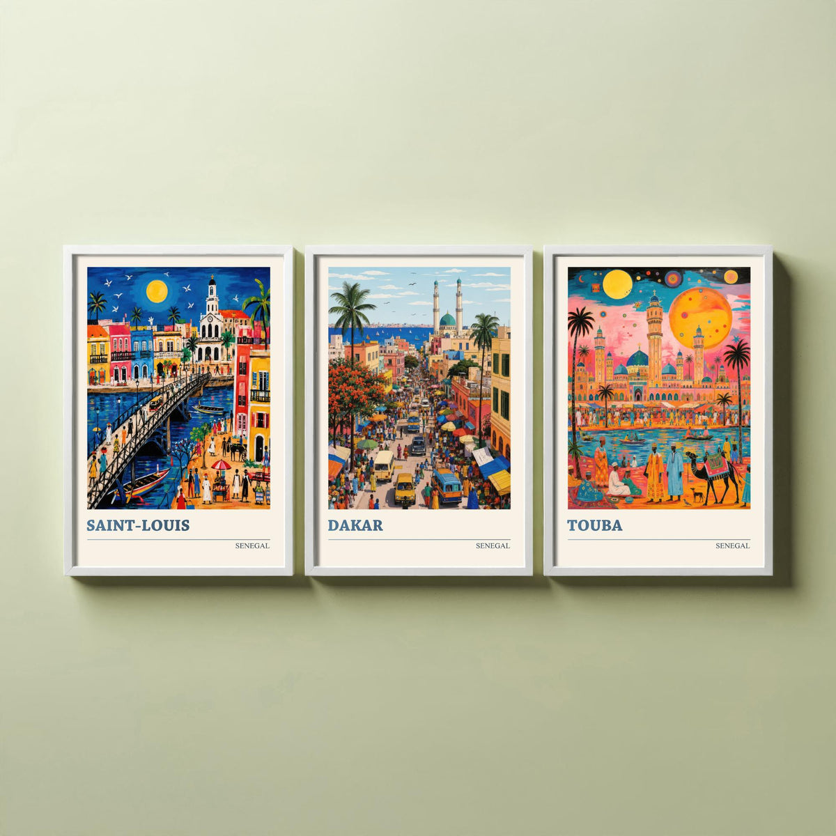 Senegal West Africa Set of Three Art Prints | Saint-Louis Dakar Touba | Vibrant Folk Art Travel Poster Painting Map