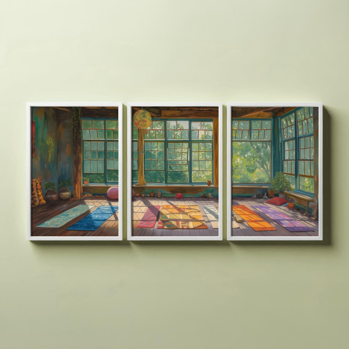 Serene Empty Yoga Studio Set of Three Art Prints - 3 Calm Meditation Posters - Painting Illustration Zen Wellness Decor Gift