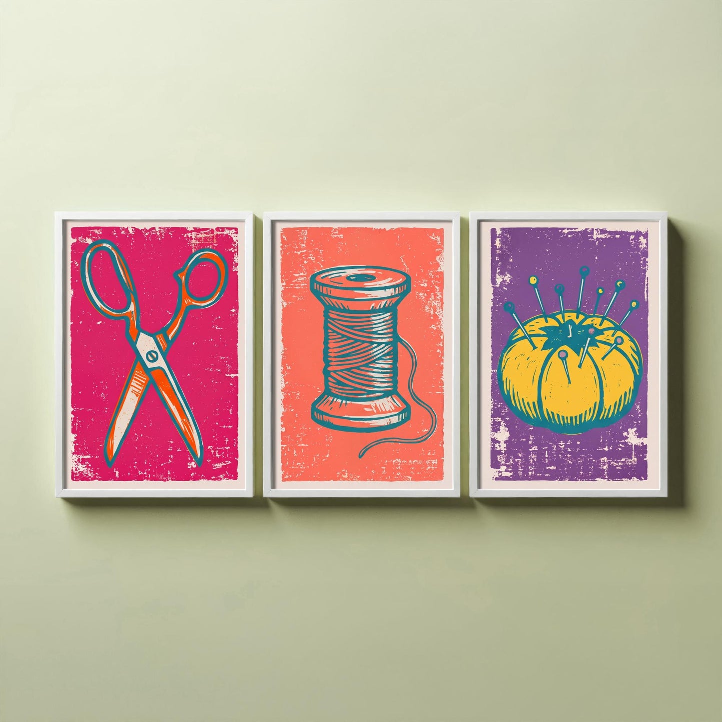 Scissors, Cotton Reel and Pin Cushion - Set of Three Linocut Illustrations - Sewing Art Prints - Craft Room Posters V1