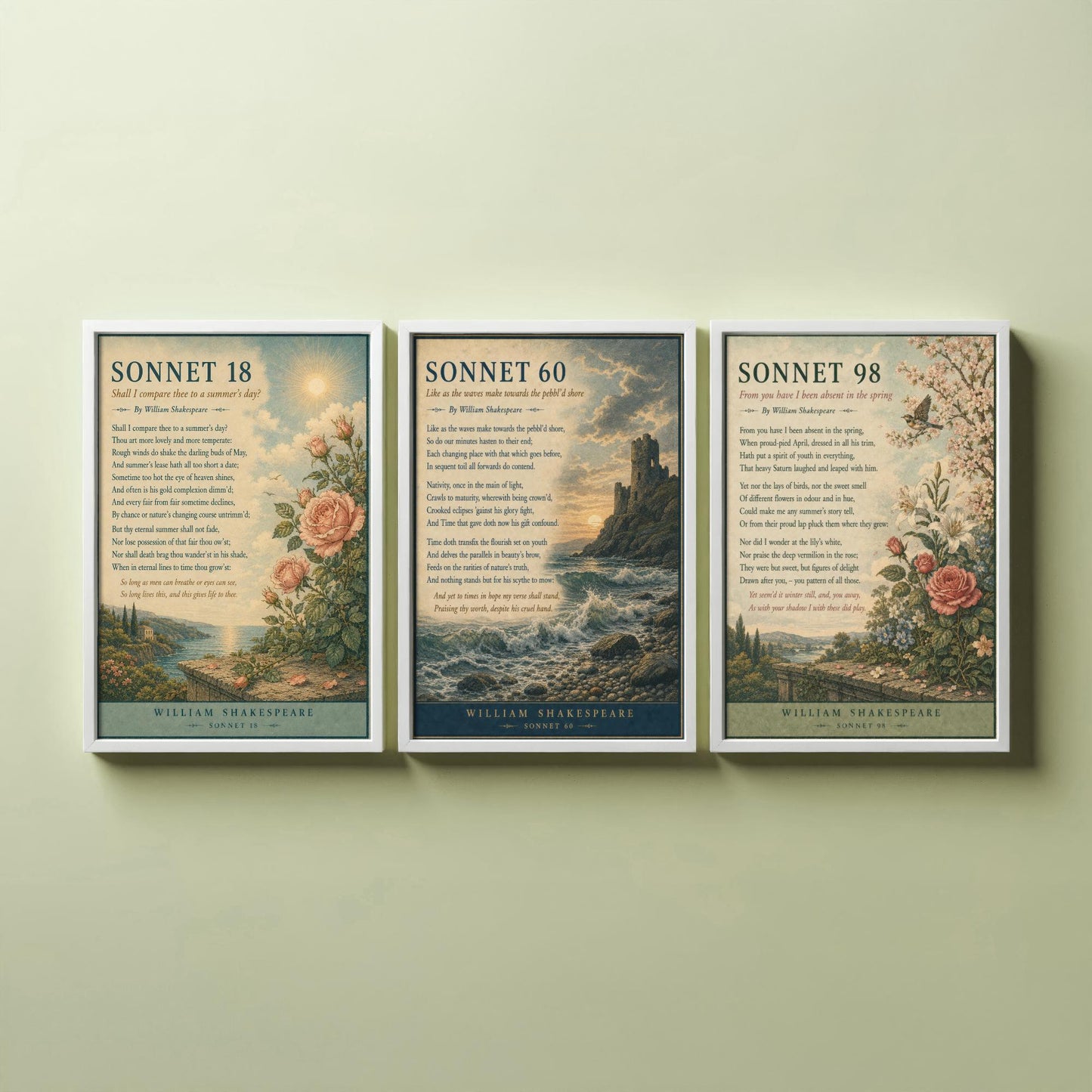 Shakespeare Sonnets Set of Three Art Prints - Sonnet 18, 60 & 98 - Literary Poster Wall Art Gift Illustration Love Poem Decor
